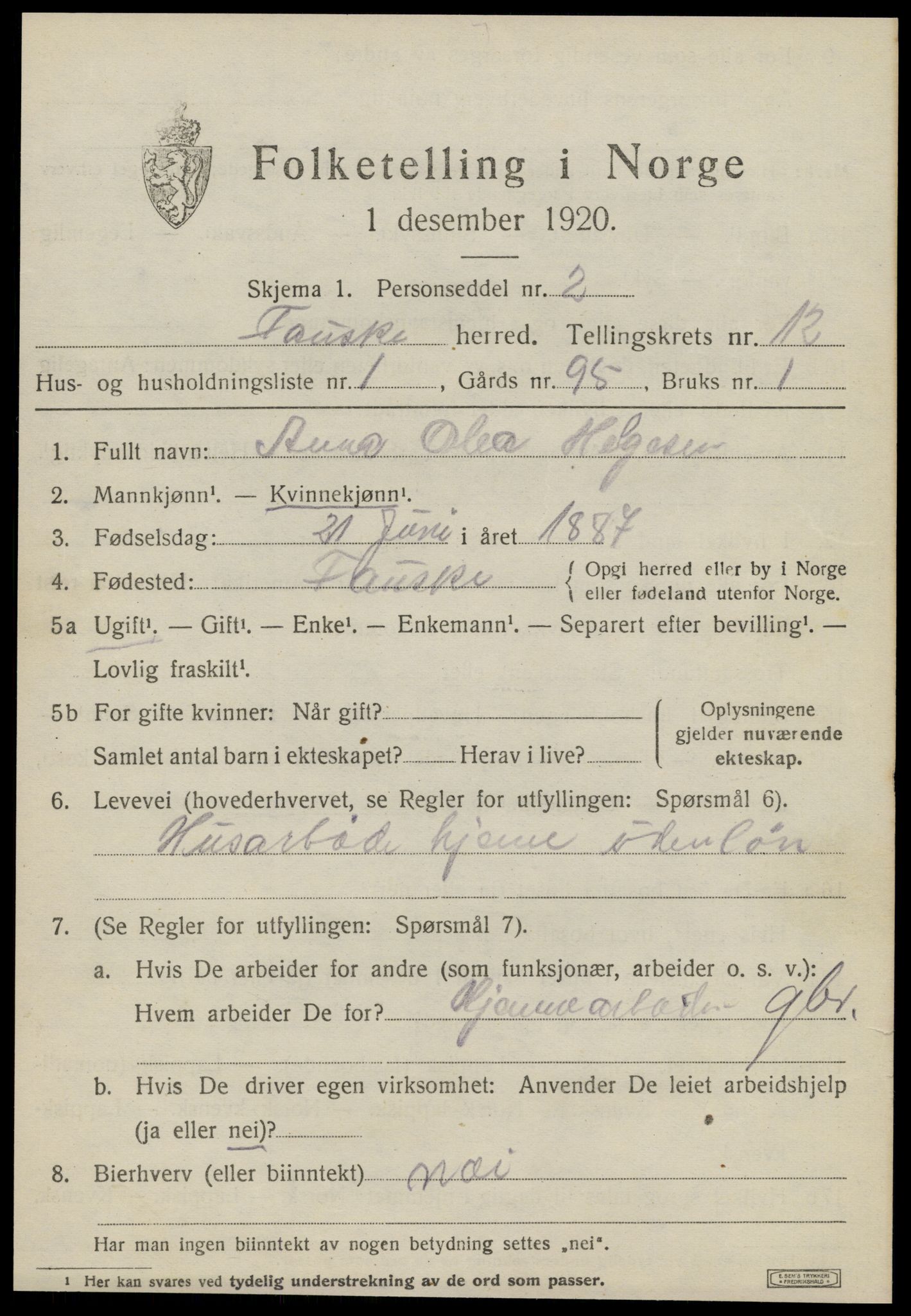 SAT, 1920 census for Fauske, 1920, p. 8174