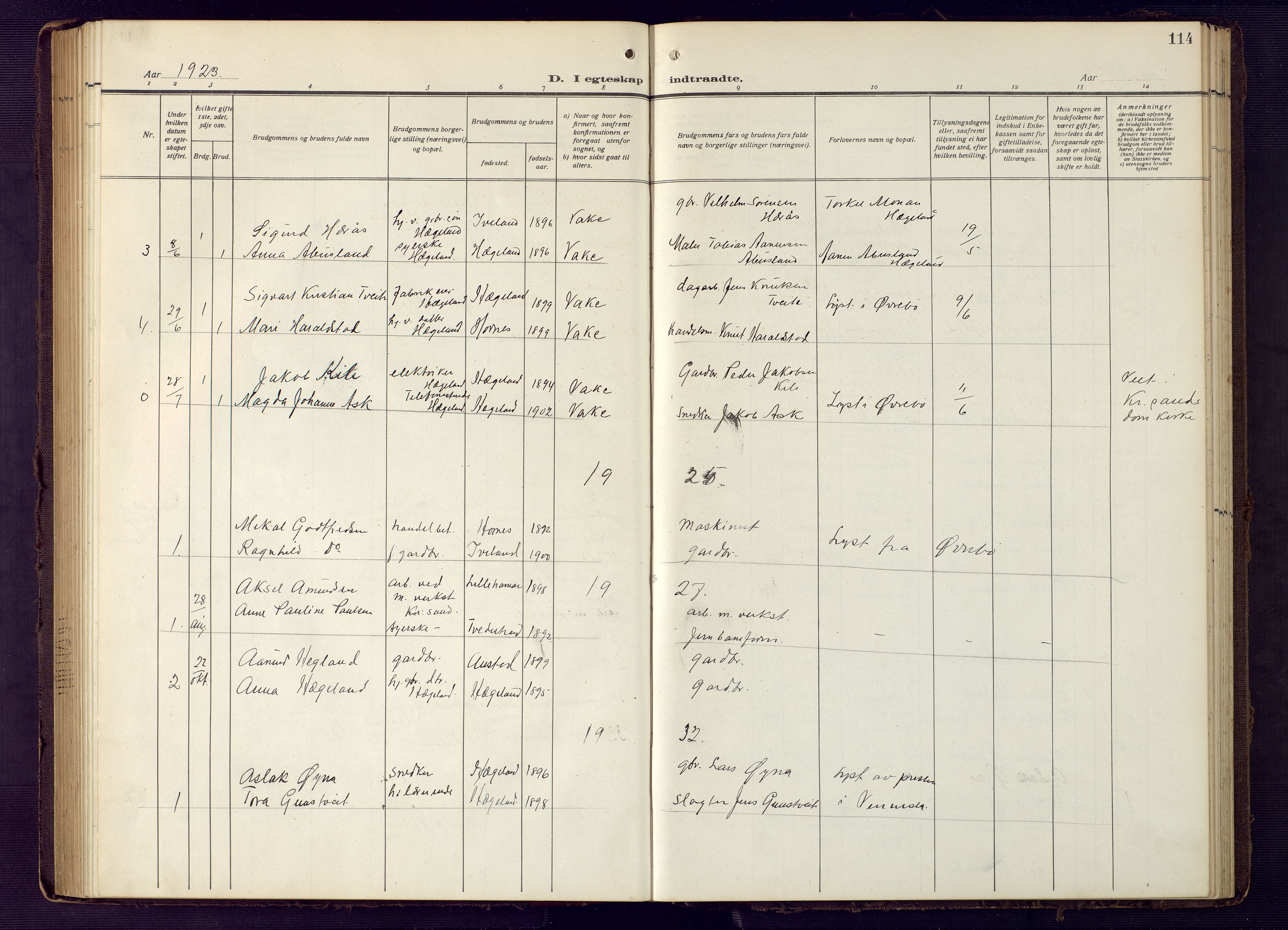 Vennesla sokneprestkontor, SAK/1111-0045/Fb/Fba/L0004: Parish register (copy) no. B 4, 1917-1948, p. 114