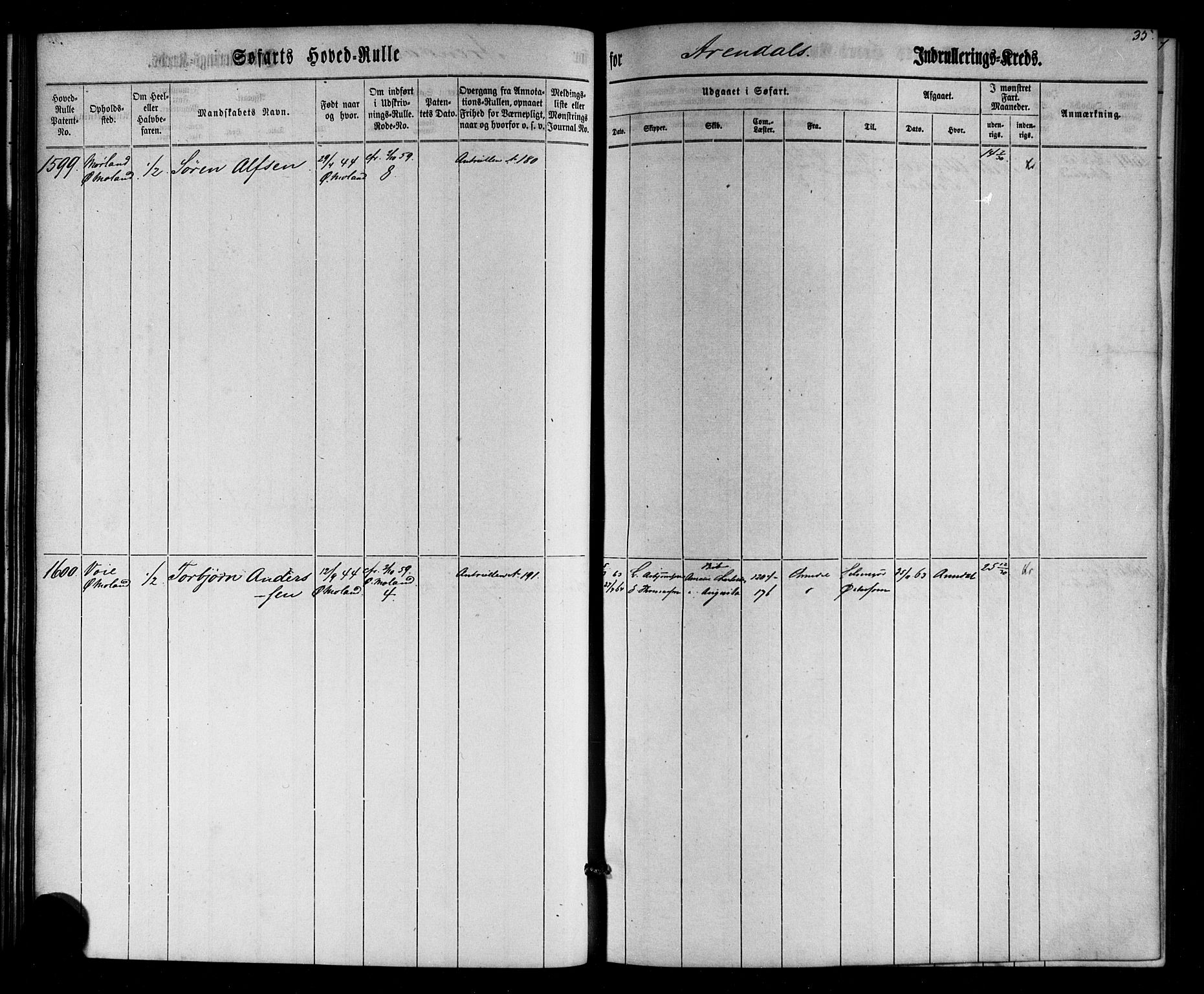 Arendal mønstringskrets, SAK/2031-0012/F/Fb/L0002: Hovedrulle nr 1533-1724 uten register, E-3, 1863-1864, p. 35