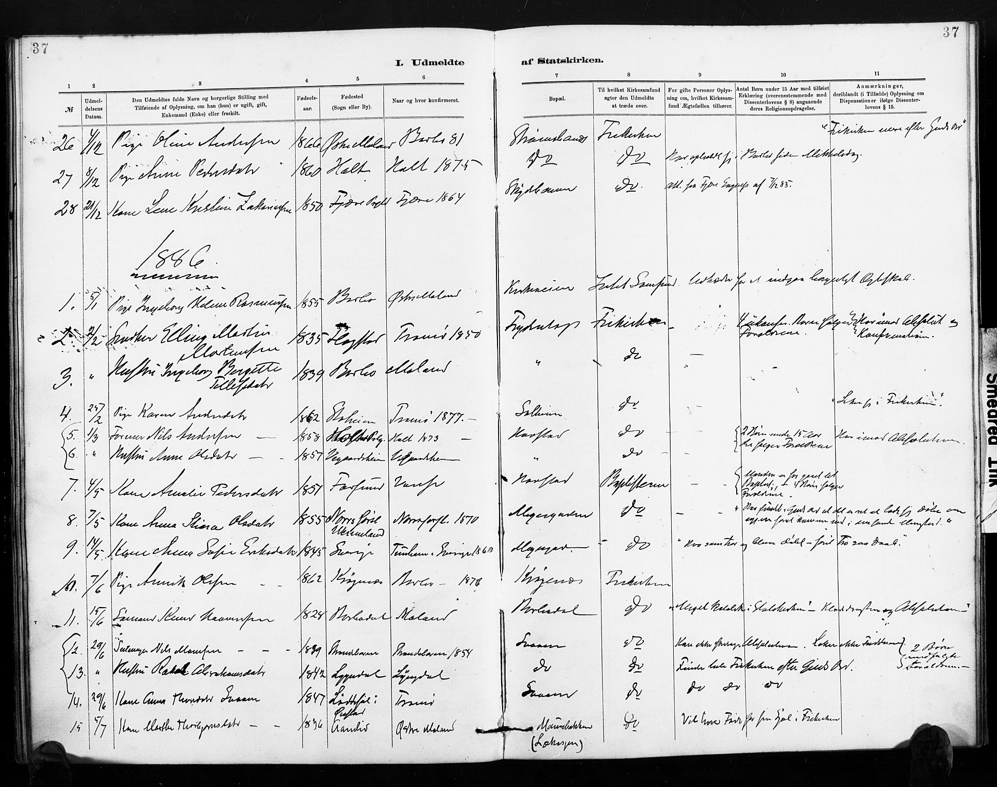 Barbu sokneprestkontor, AV/SAK-1111-0003/F/Fa/L0004: Parish register (official) no. A 4, 1883-1909, p. 37