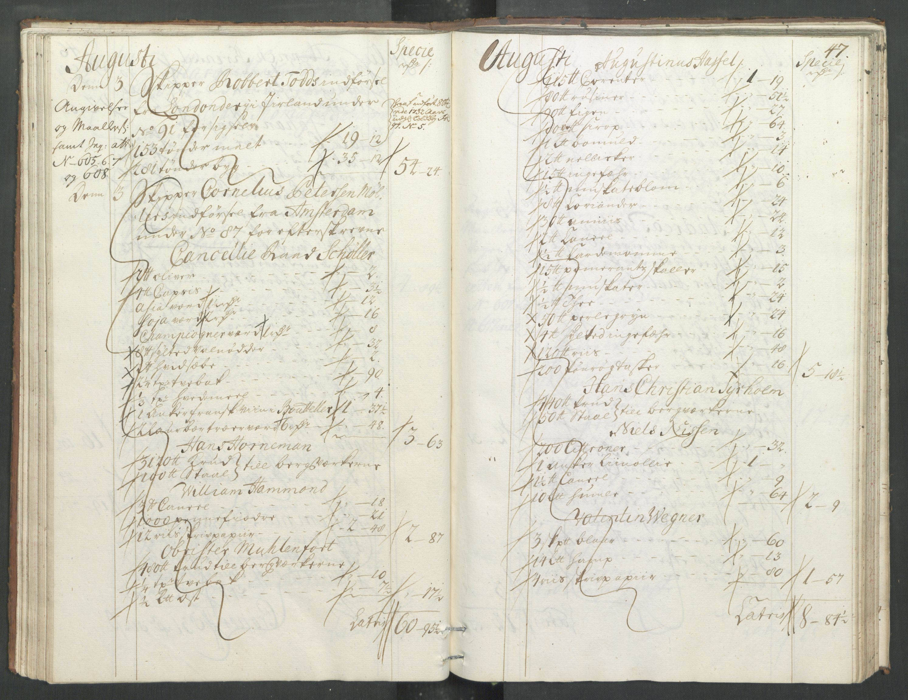 Generaltollkammeret, tollregnskaper, RA/EA-5490/R33/L0013/0001: Tollregnskaper Trondheim A / Inngående tollbok, 1731, p. 46b-47a