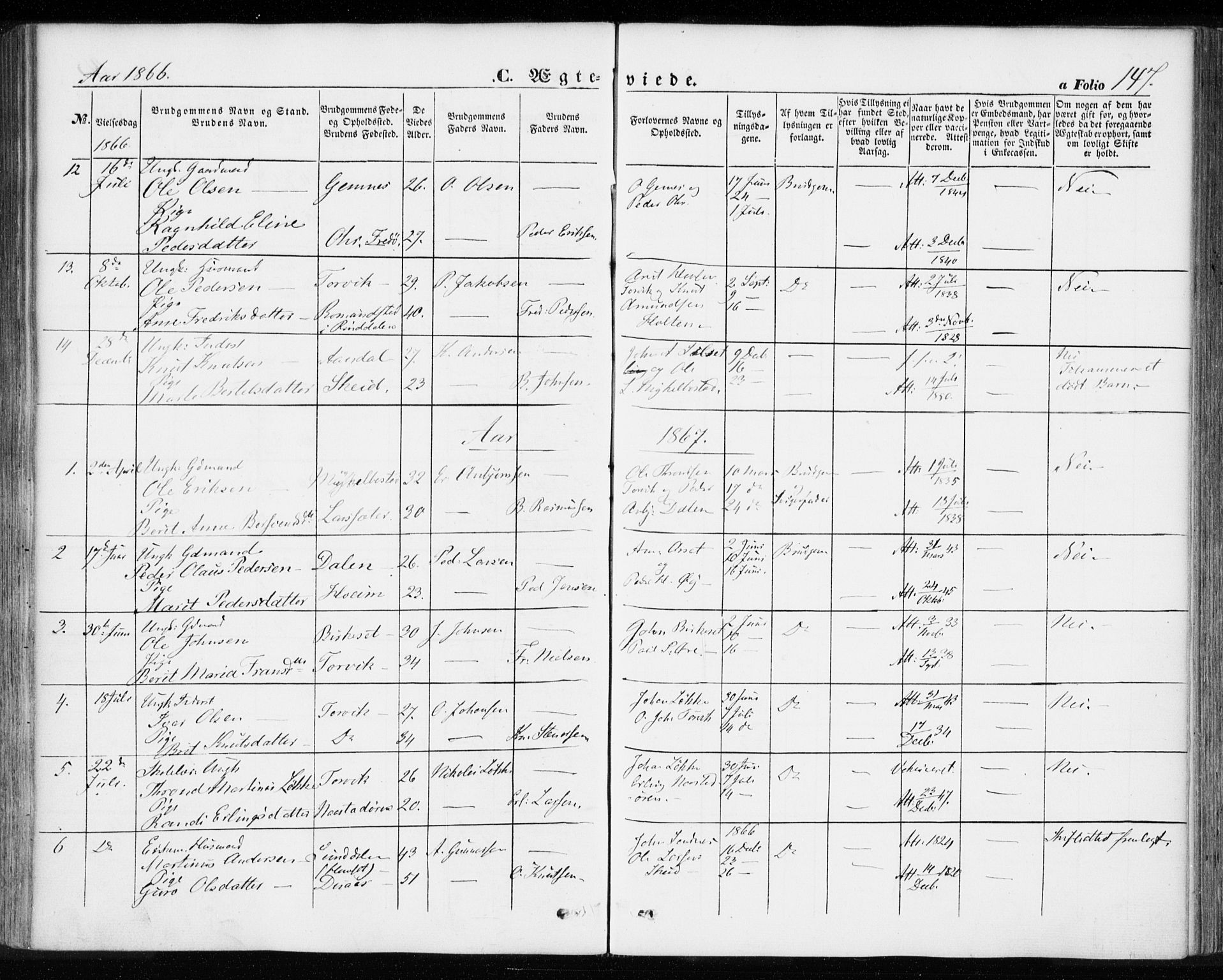 Ministerialprotokoller, klokkerbøker og fødselsregistre - Møre og Romsdal, SAT/A-1454/584/L0965: Parish register (official) no. 584A05, 1857-1868, p. 147