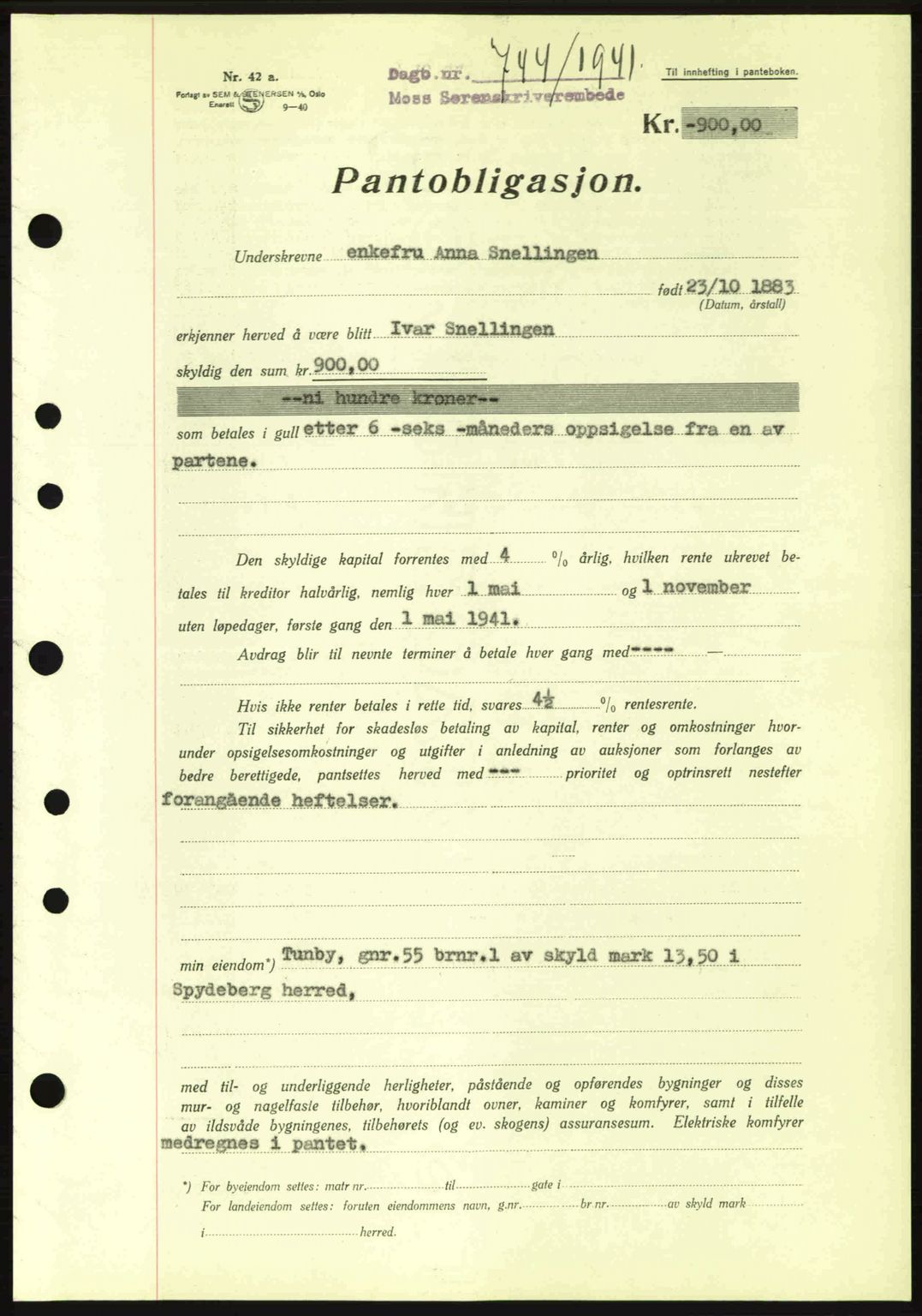 Moss sorenskriveri, SAO/A-10168: Mortgage book no. B10, 1940-1941, Diary no: : 744/1941