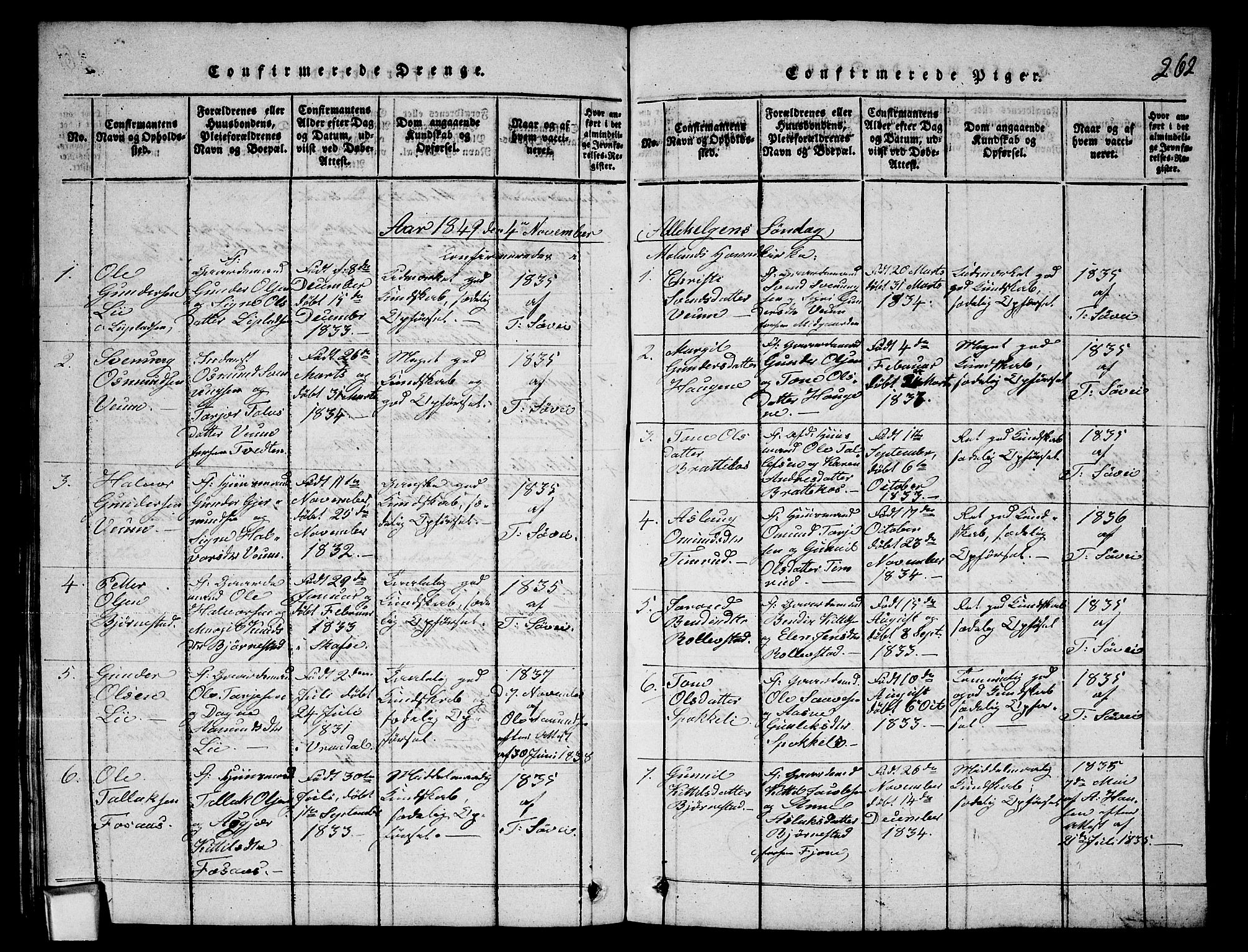 Fyresdal kirkebøker, SAKO/A-263/G/Ga/L0003: Parish register (copy) no. I 3, 1815-1863, p. 262
