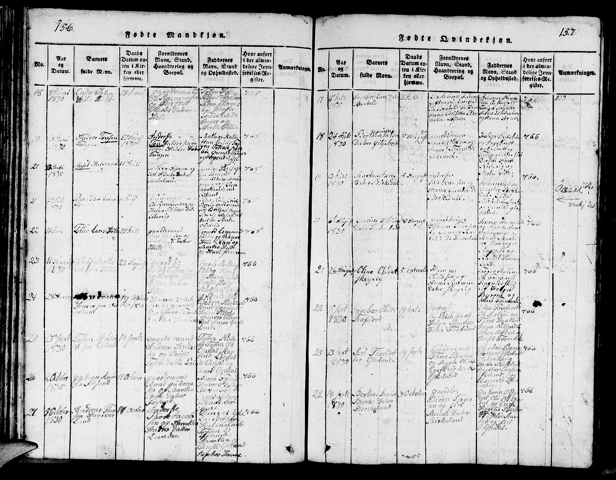 Strand sokneprestkontor, AV/SAST-A-101828/H/Ha/Hab/L0002: Parish register (copy) no. B 2, 1816-1854, p. 156-157