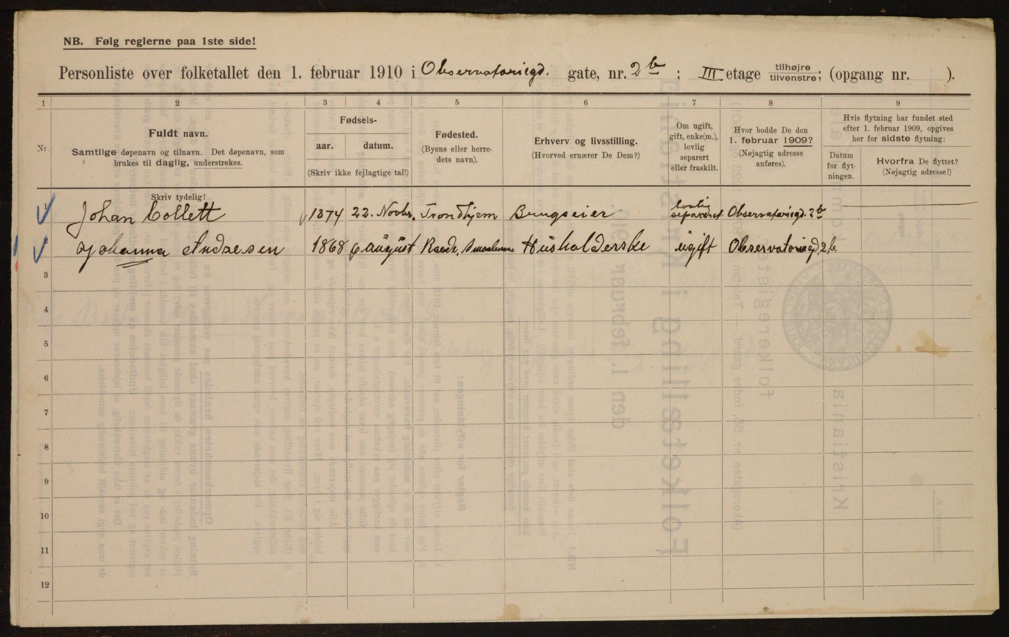 OBA, Municipal Census 1910 for Kristiania, 1910, p. 71599