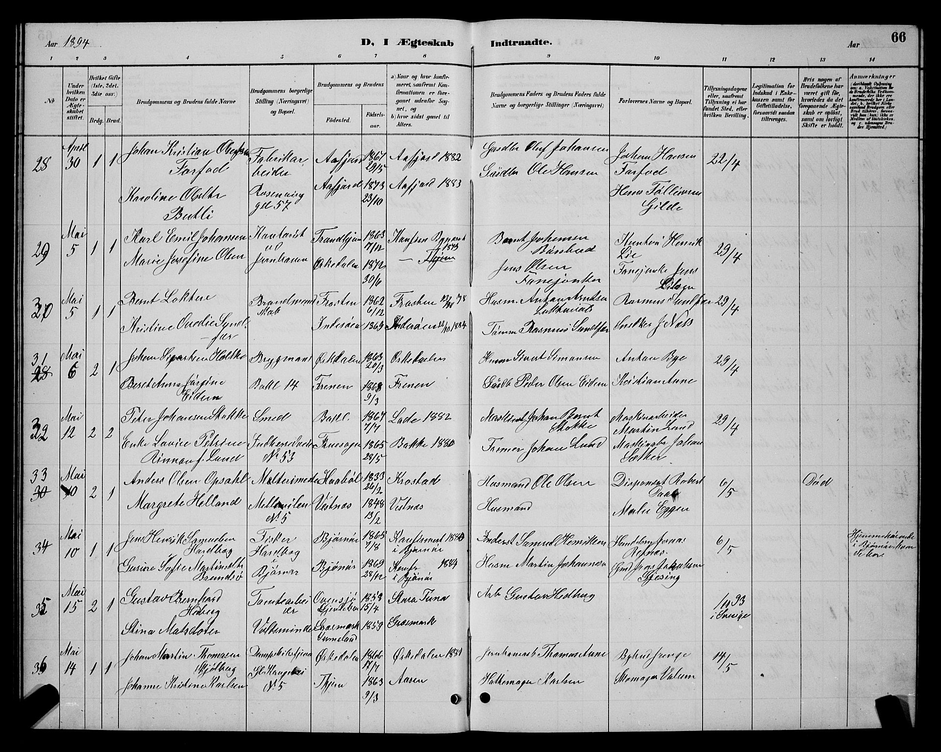 Ministerialprotokoller, klokkerbøker og fødselsregistre - Sør-Trøndelag, SAT/A-1456/604/L0223: Parish register (copy) no. 604C06, 1886-1897, p. 66