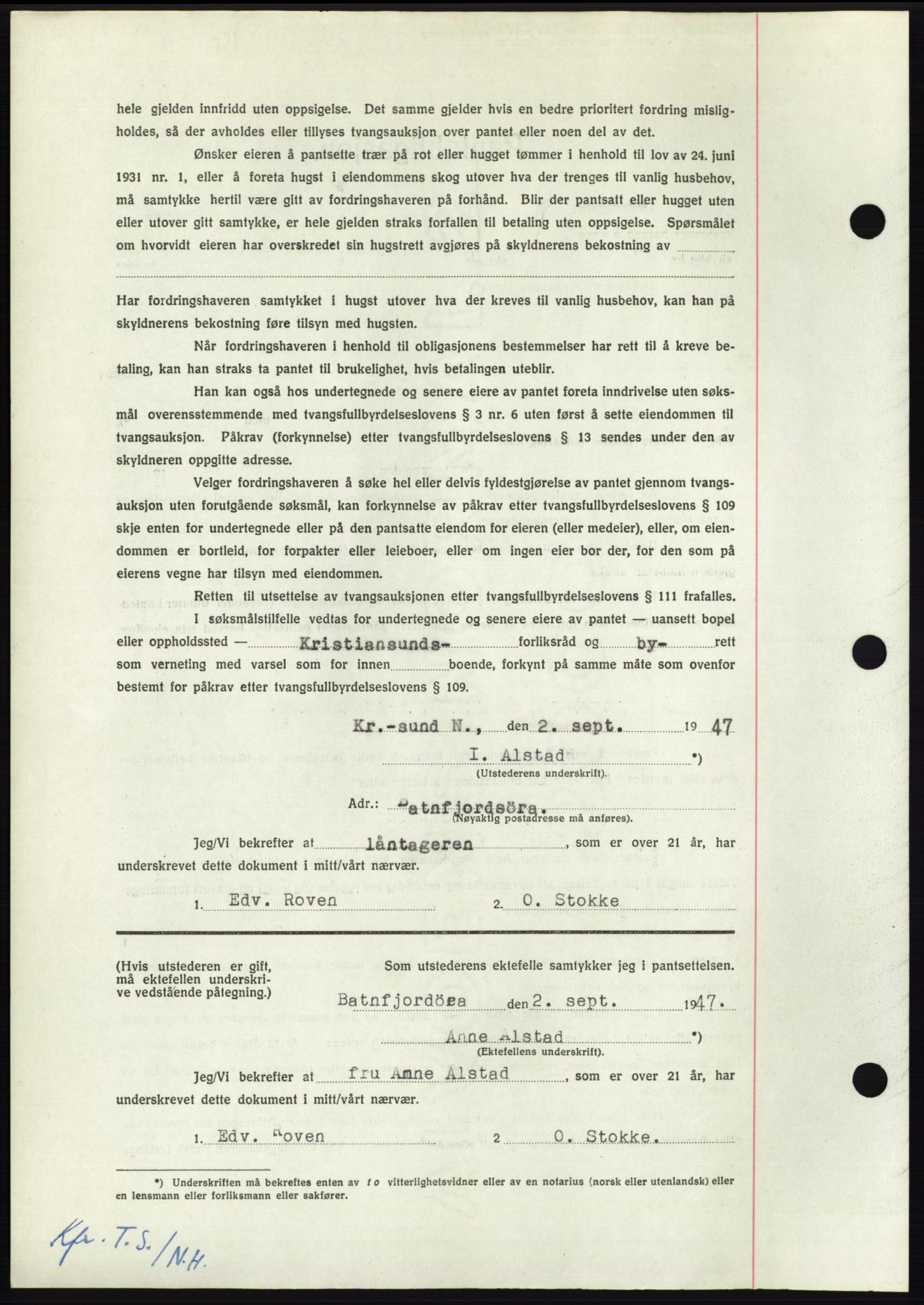 Nordmøre sorenskriveri, AV/SAT-A-4132/1/2/2Ca: Mortgage book no. B96, 1947-1947, Diary no: : 2008/1947