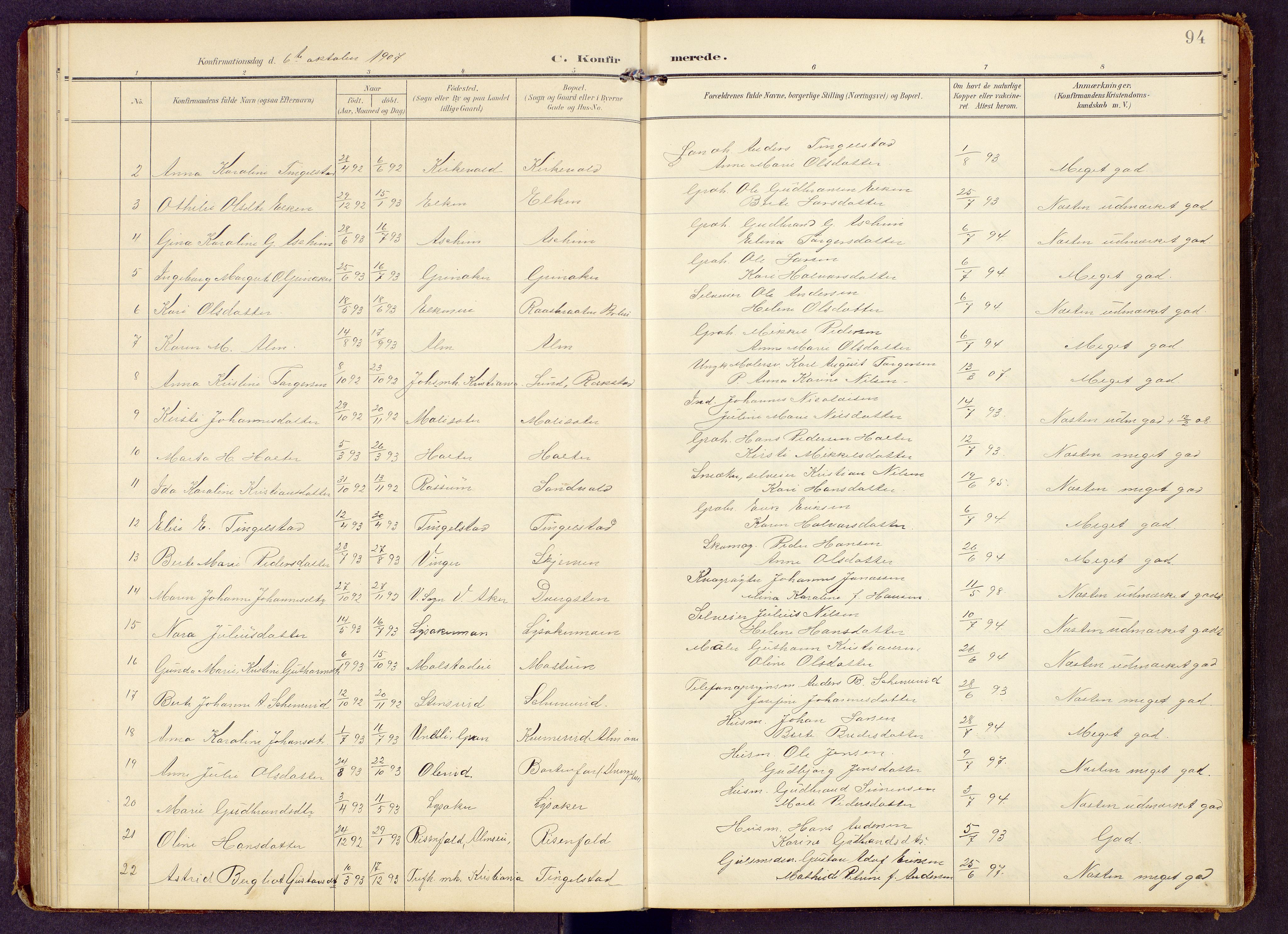 Brandbu prestekontor, SAH/PREST-114/H/Ha/Hab/L0009: Parish register (copy) no. 9, 1903-1916, p. 94
