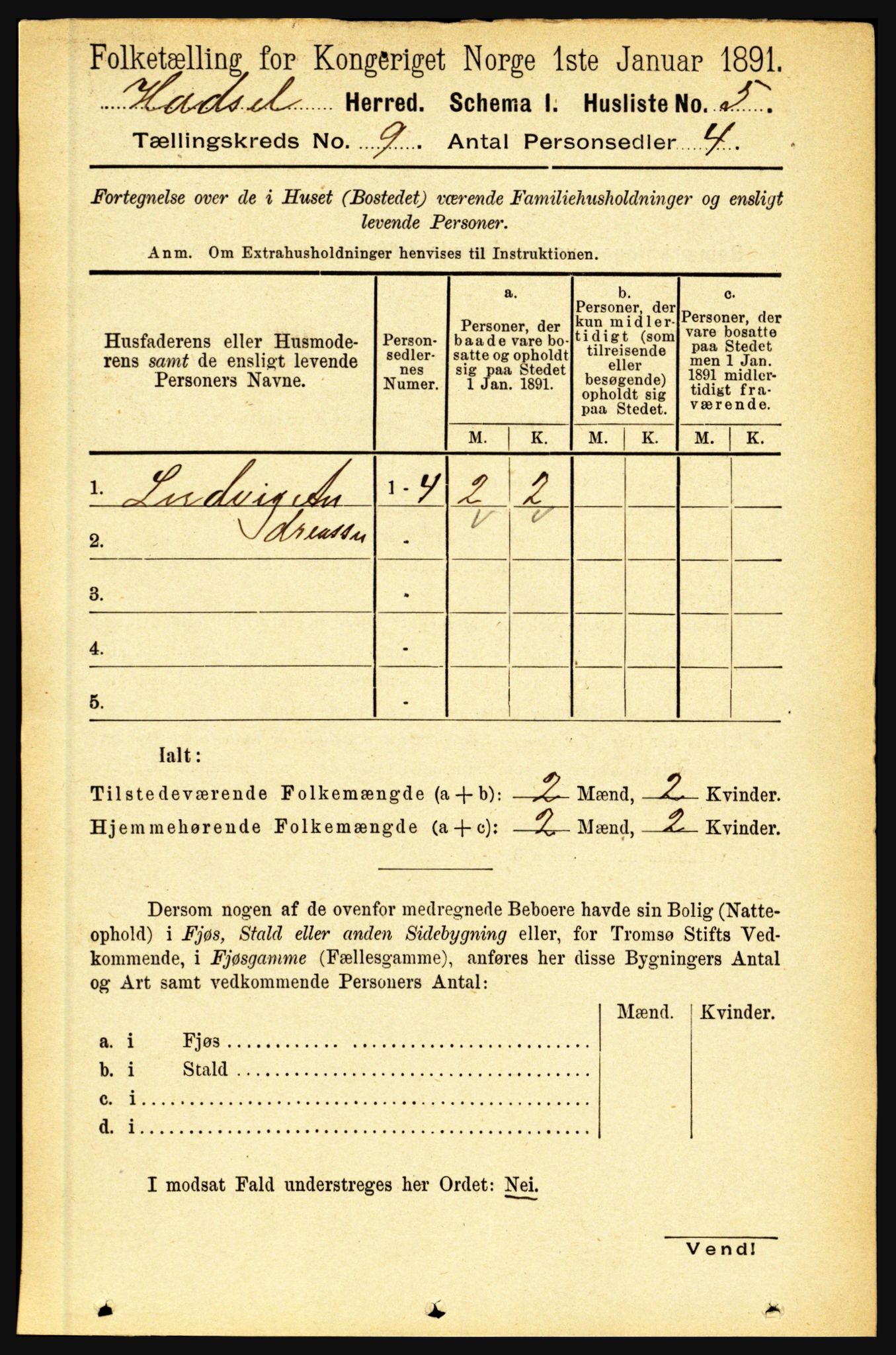 RA, 1891 census for 1866 Hadsel, 1891, p. 3889