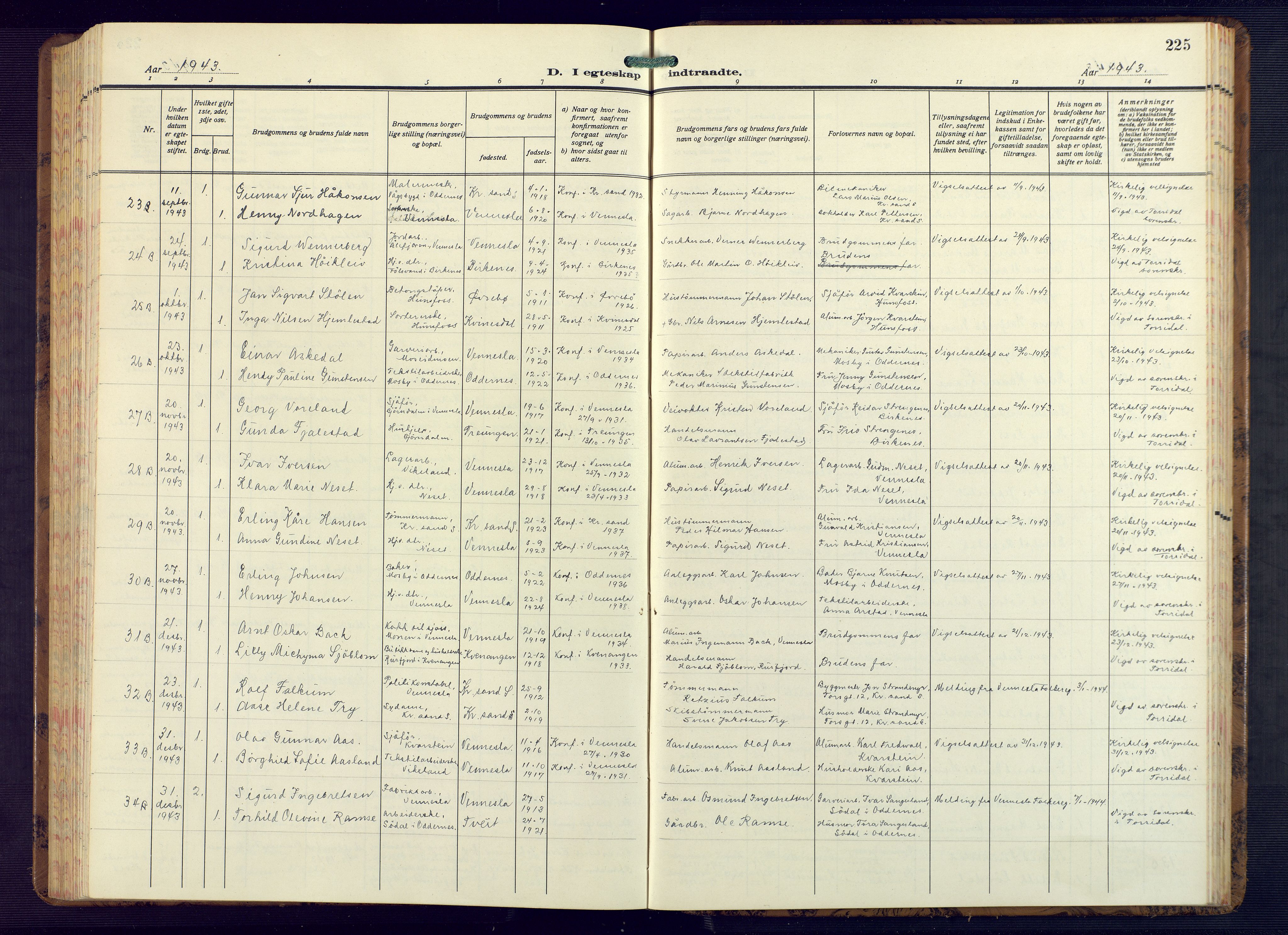 Vennesla sokneprestkontor, SAK/1111-0045/Fb/Fbb/L0008: Parish register (copy) no. B 8, 1934-1947, p. 225