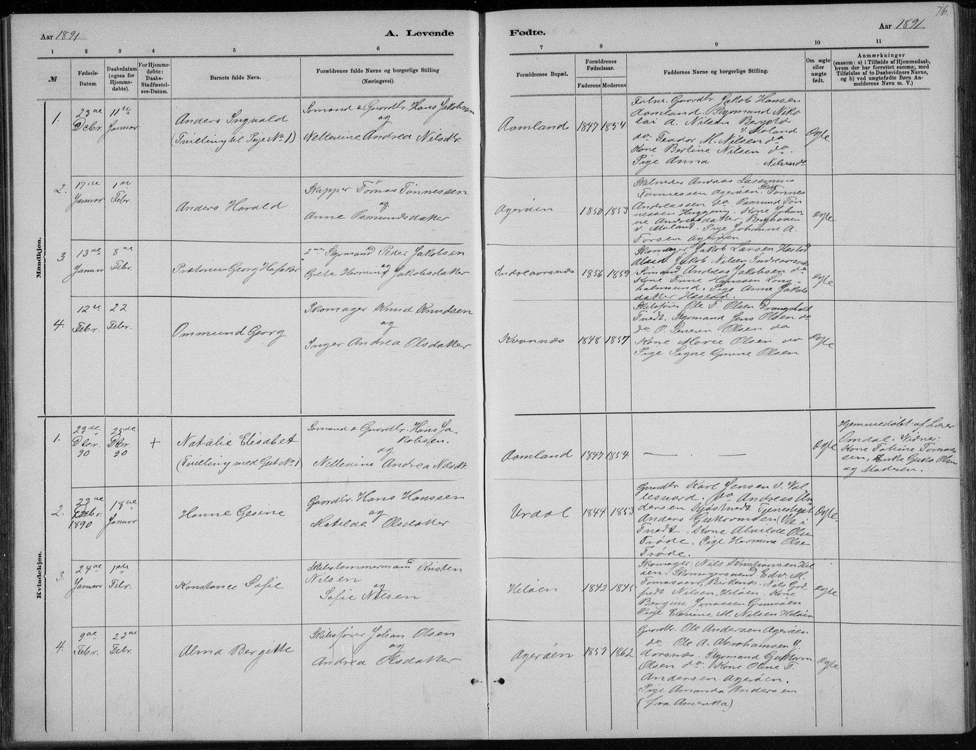 Høvåg sokneprestkontor, SAK/1111-0025/F/Fb/L0004: Parish register (copy) no. B 4, 1883-1898, p. 76