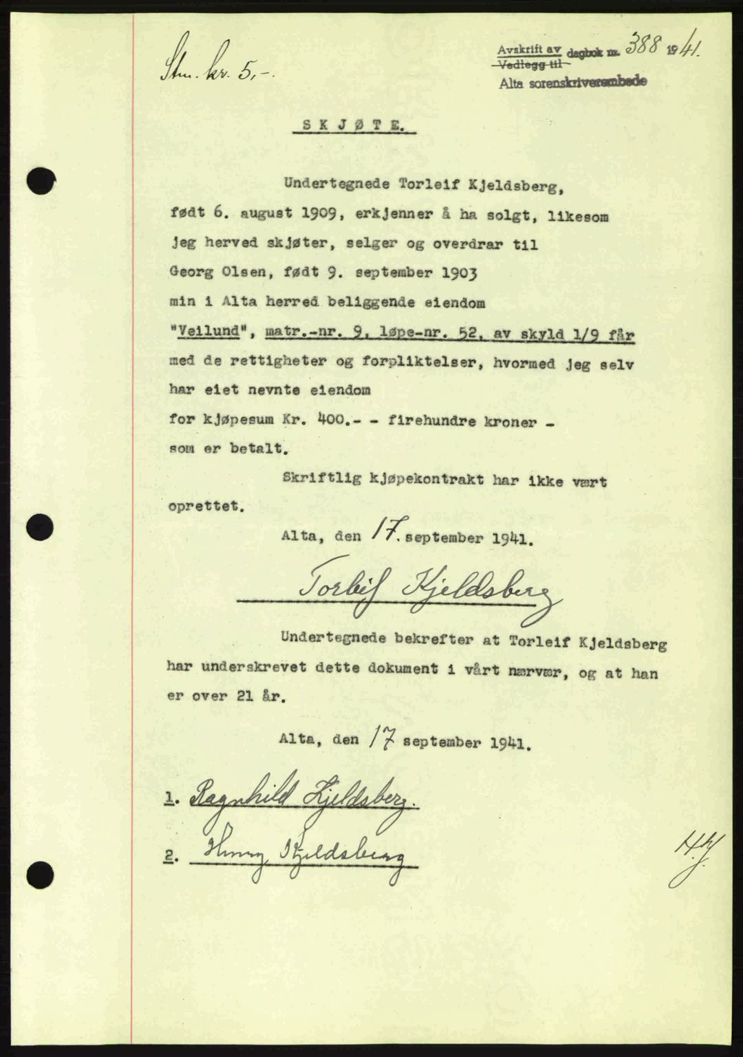 Alta fogderi/sorenskriveri, SATØ/SATØ-5/1/K/Kd/L0033pantebok: Mortgage book no. 33, 1940-1943, Diary no: : 388/1941