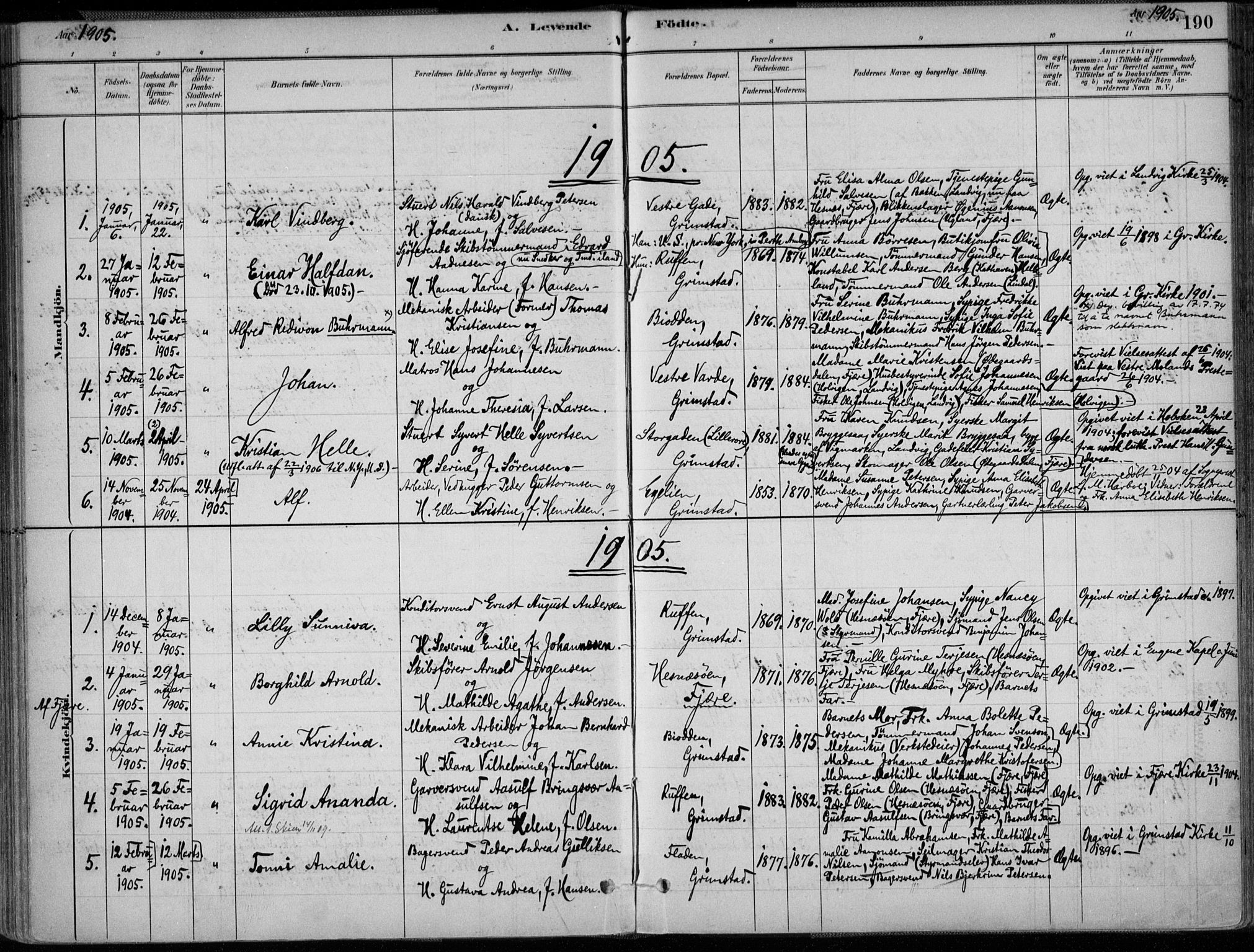 Grimstad sokneprestkontor, SAK/1111-0017/F/Fa/L0003: Parish register (official) no. A 2, 1882-1912, p. 190