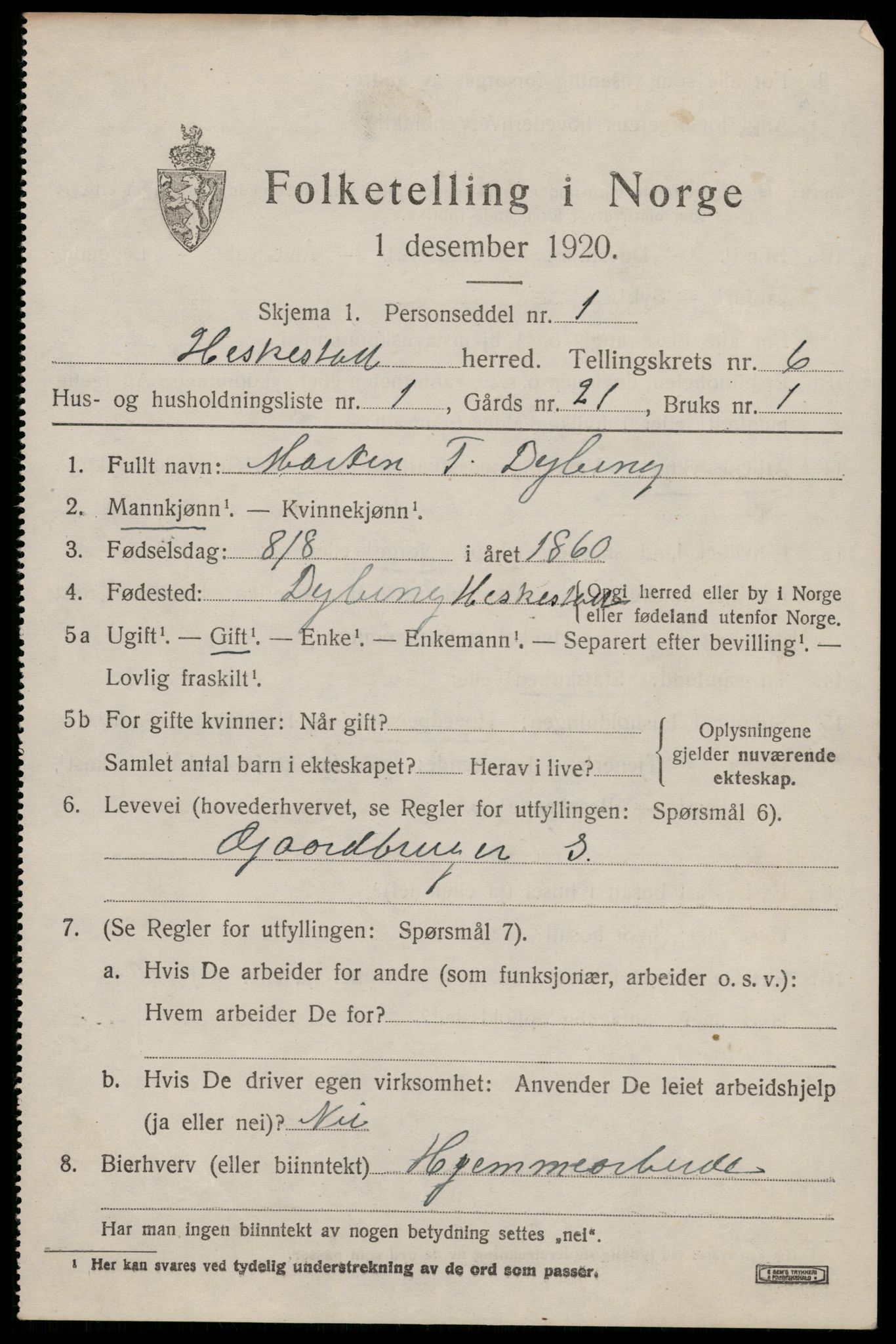 SAST, 1920 census for Heskestad, 1920, p. 2003