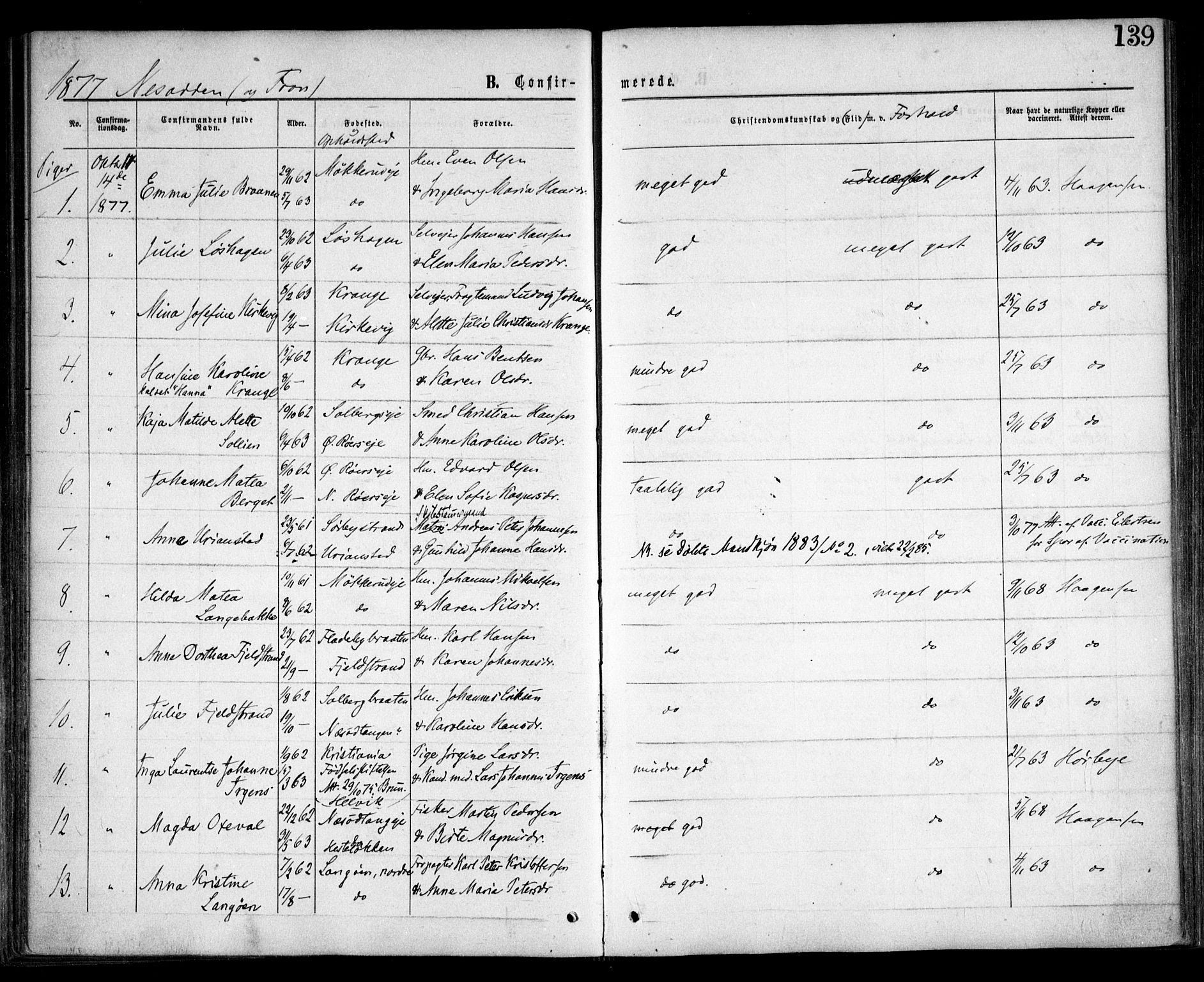 Nesodden prestekontor Kirkebøker, SAO/A-10013/F/Fa/L0008: Parish register (official) no. I 8, 1869-1879, p. 139