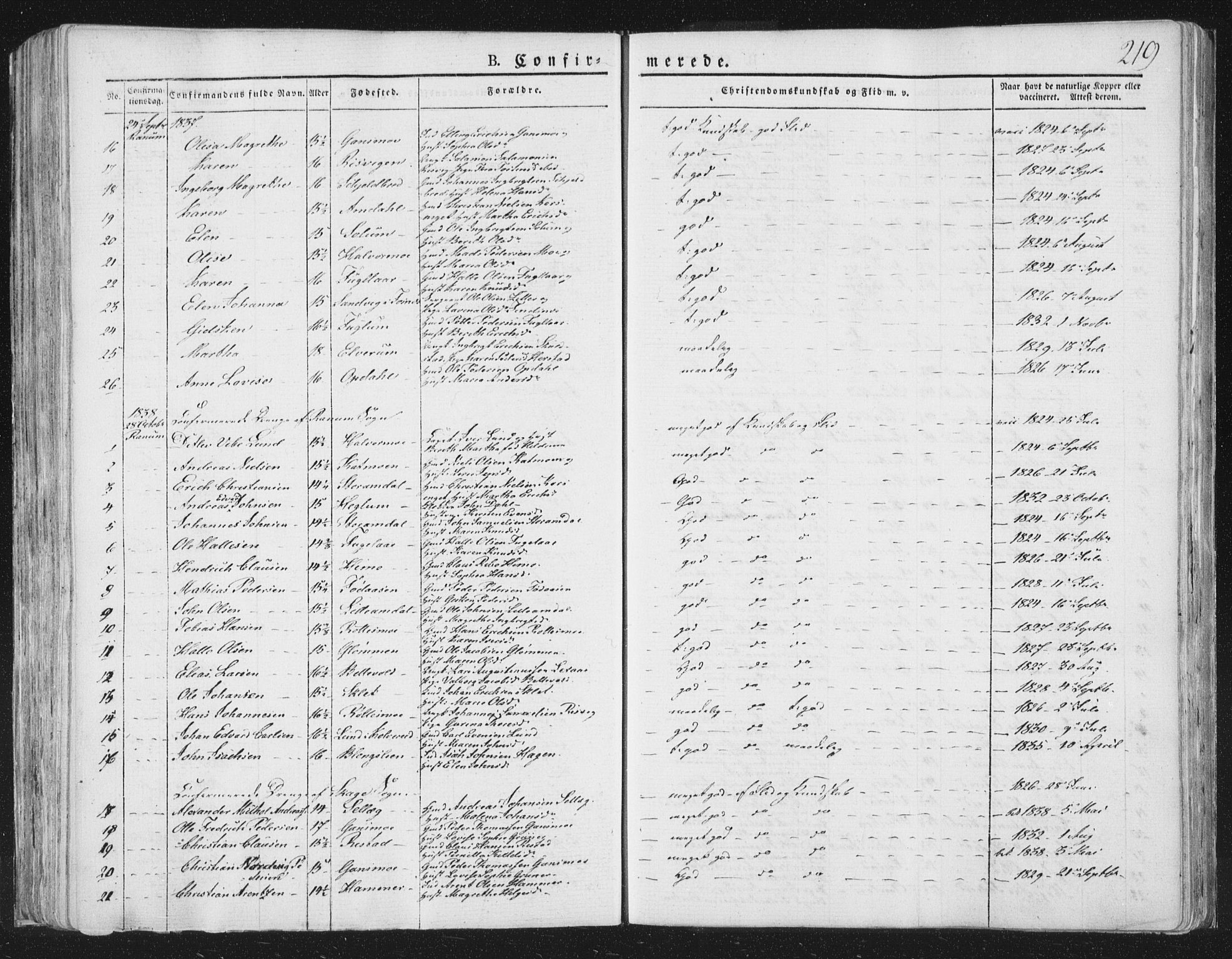 Ministerialprotokoller, klokkerbøker og fødselsregistre - Nord-Trøndelag, SAT/A-1458/764/L0551: Parish register (official) no. 764A07a, 1824-1864, p. 219