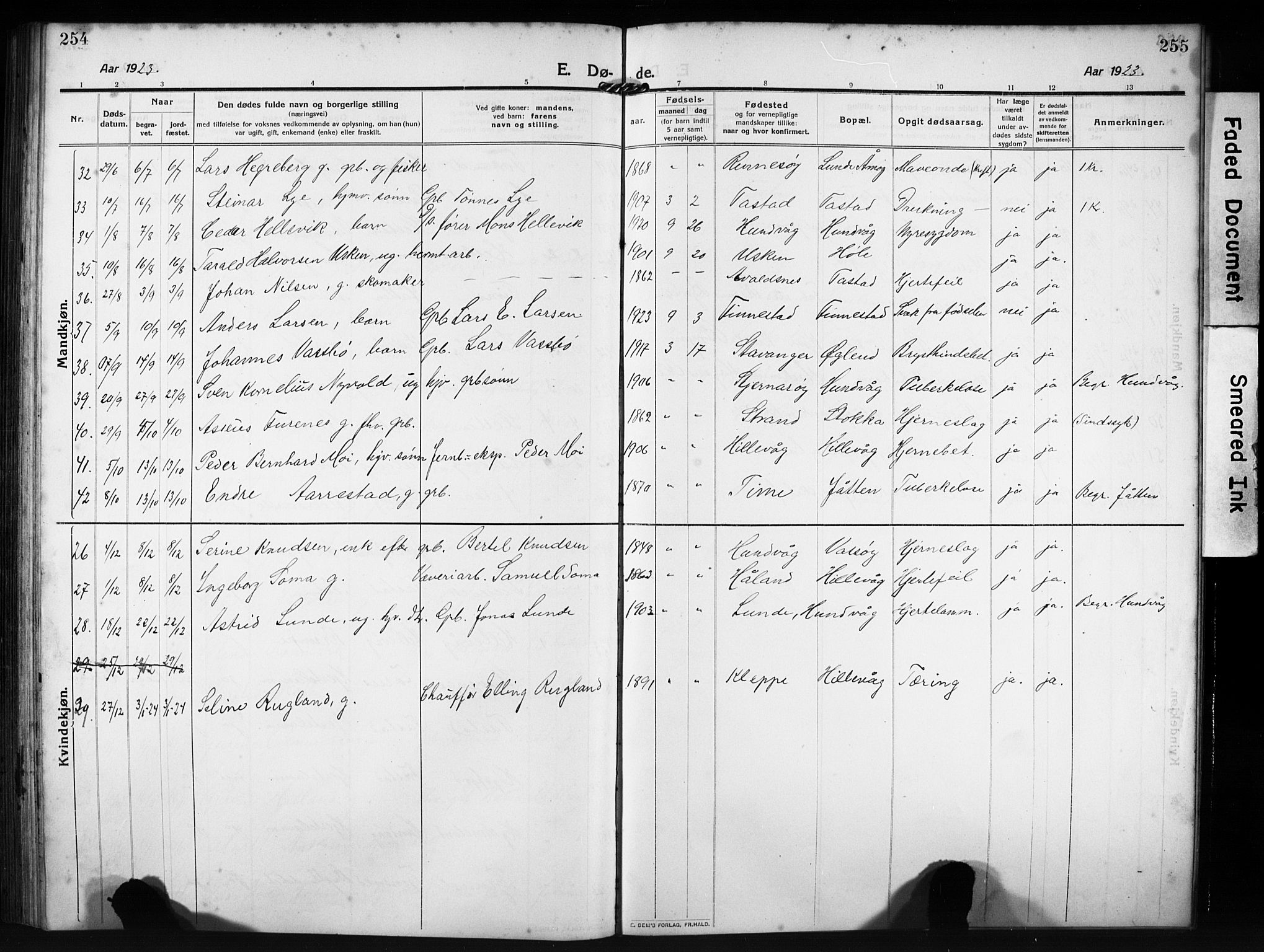 Hetland sokneprestkontor, AV/SAST-A-101826/30/30BB/L0009: Parish register (copy) no. B 9, 1910-1931, p. 254-255