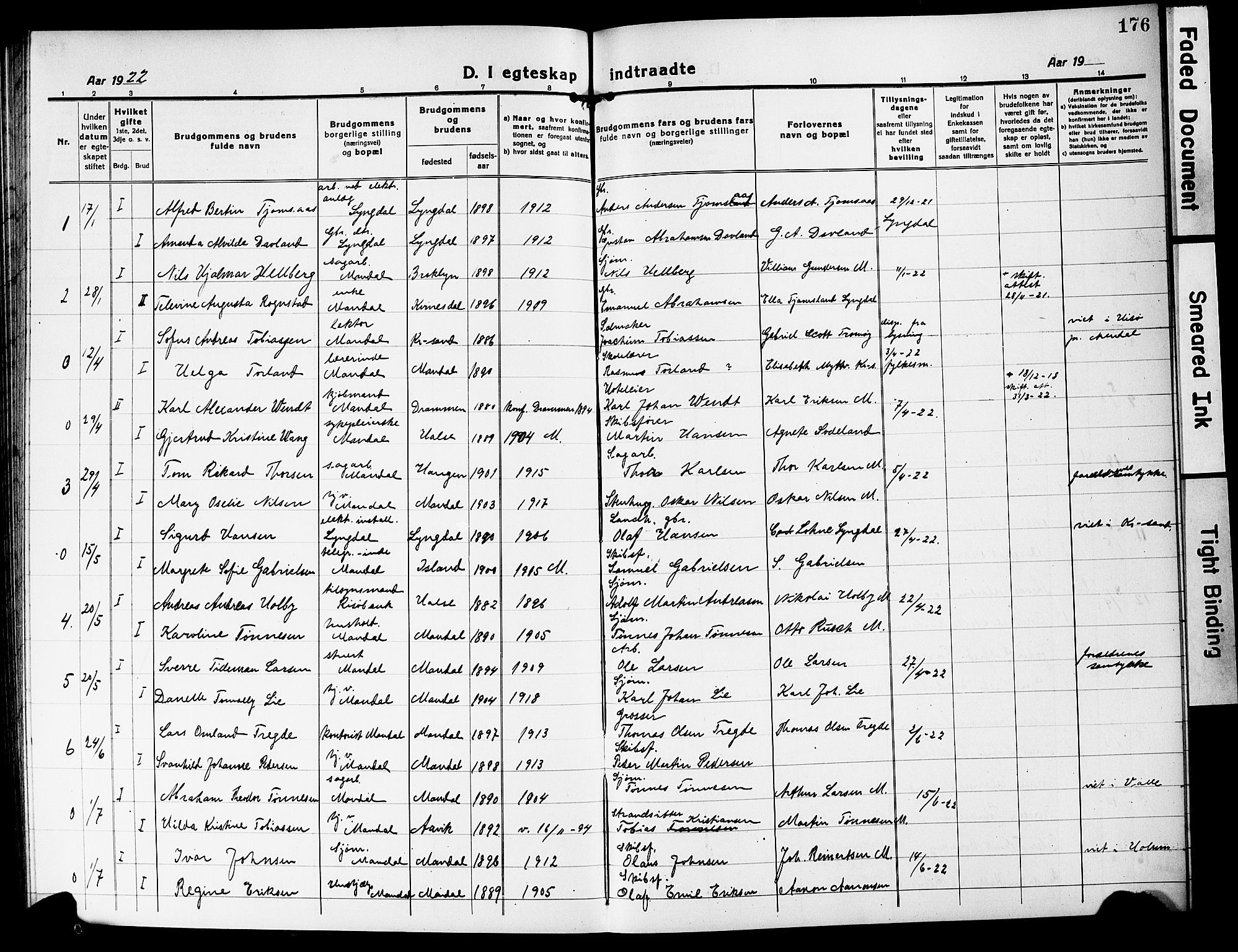 Mandal sokneprestkontor, SAK/1111-0030/F/Fb/Fbc/L0001: Parish register (copy) no. B 1, 1918-1931, p. 176