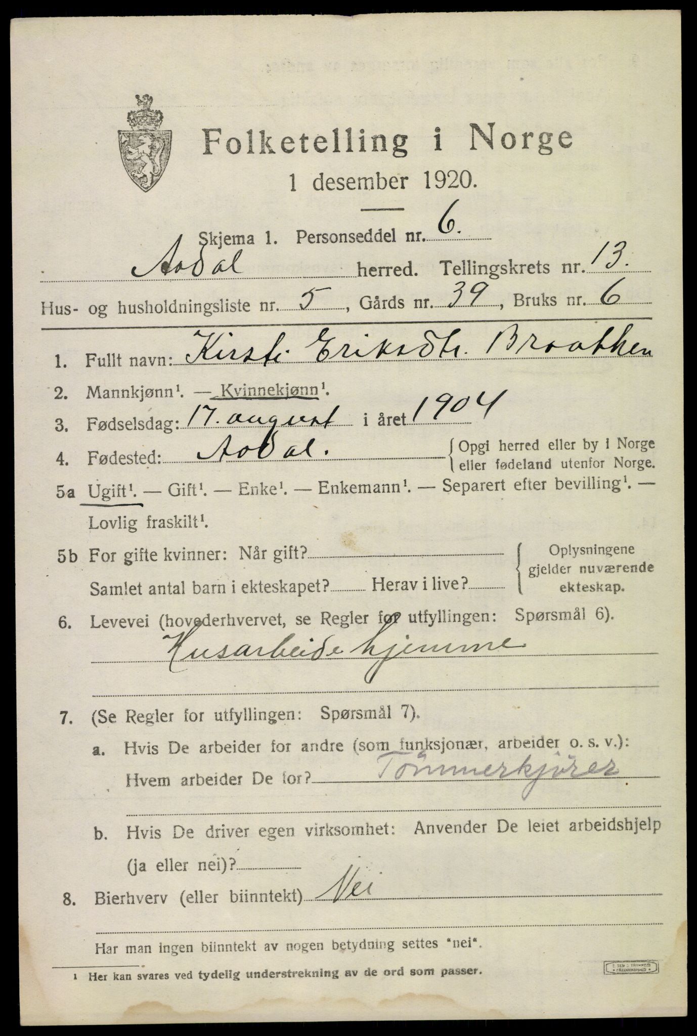 SAKO, 1920 census for Ådal, 1920, p. 7694