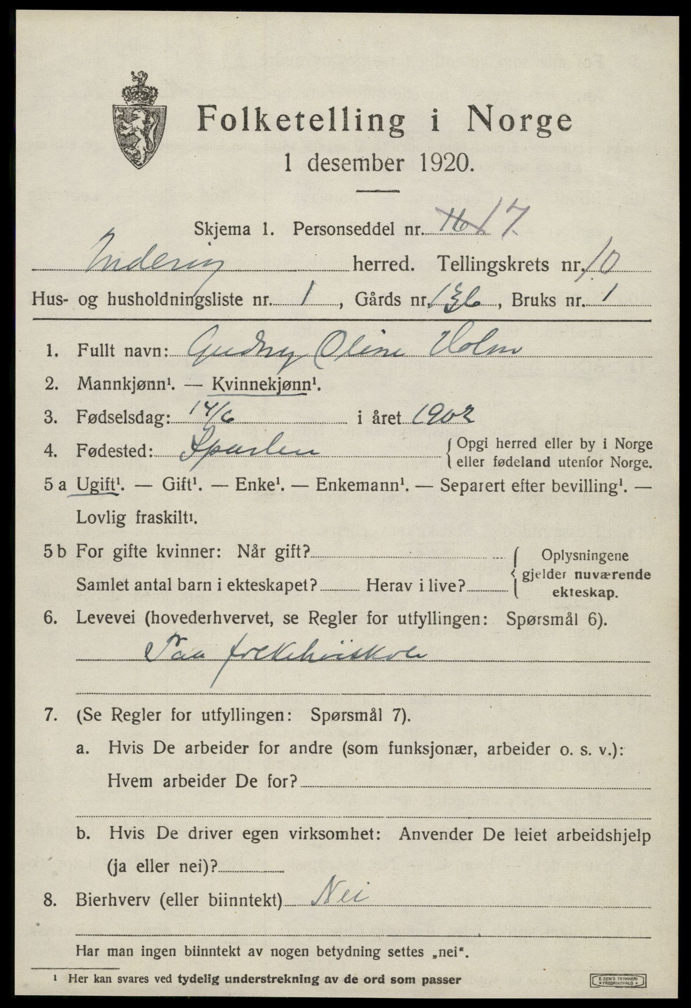 SAT, 1920 census for Inderøy, 1920, p. 6651