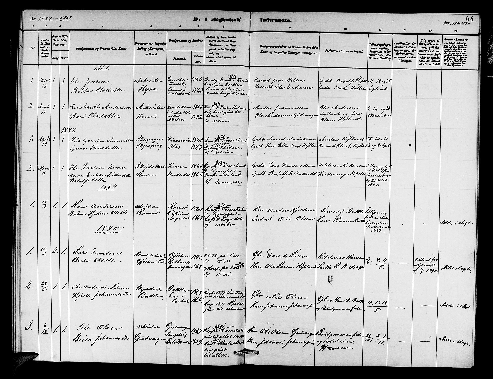 Aurland sokneprestembete, SAB/A-99937/H/Hb/Hbc/L0002: Parish register (copy) no. C 2, 1883-1900, p. 54
