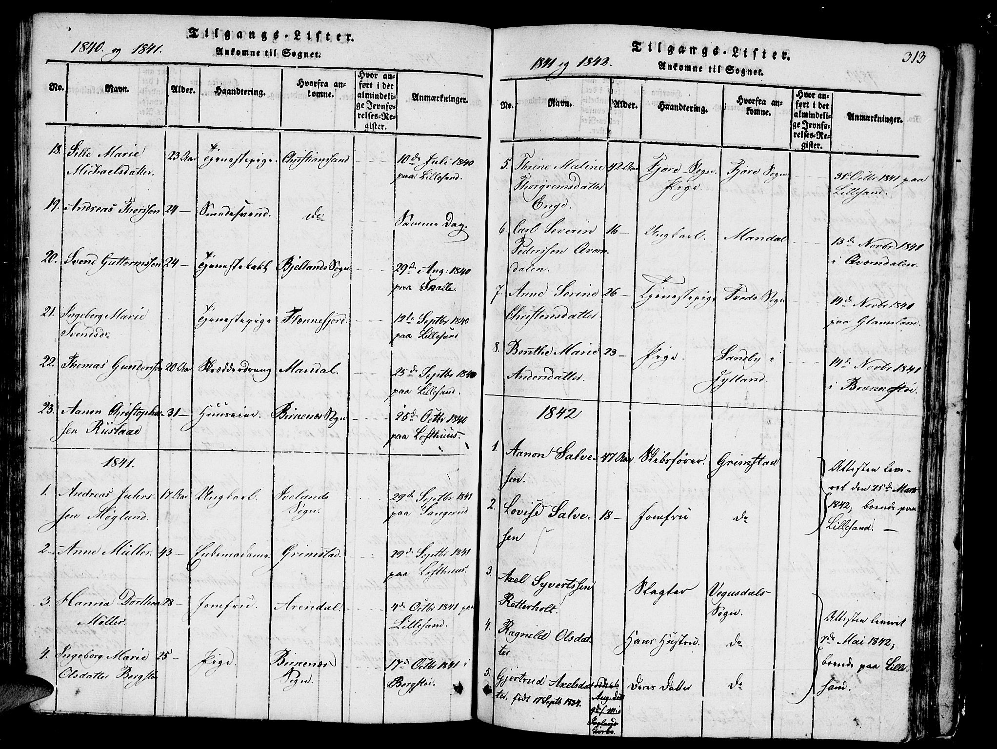 Vestre Moland sokneprestkontor, SAK/1111-0046/F/Fb/Fbb/L0001: Parish register (copy) no. B 1, 1816-1851, p. 313