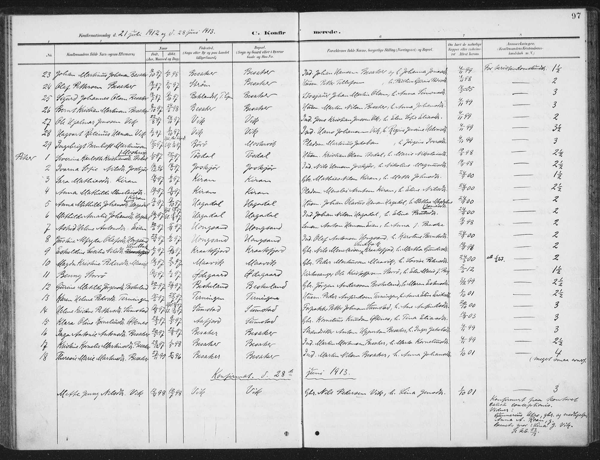 Ministerialprotokoller, klokkerbøker og fødselsregistre - Sør-Trøndelag, SAT/A-1456/657/L0709: Parish register (official) no. 657A10, 1905-1919, p. 97