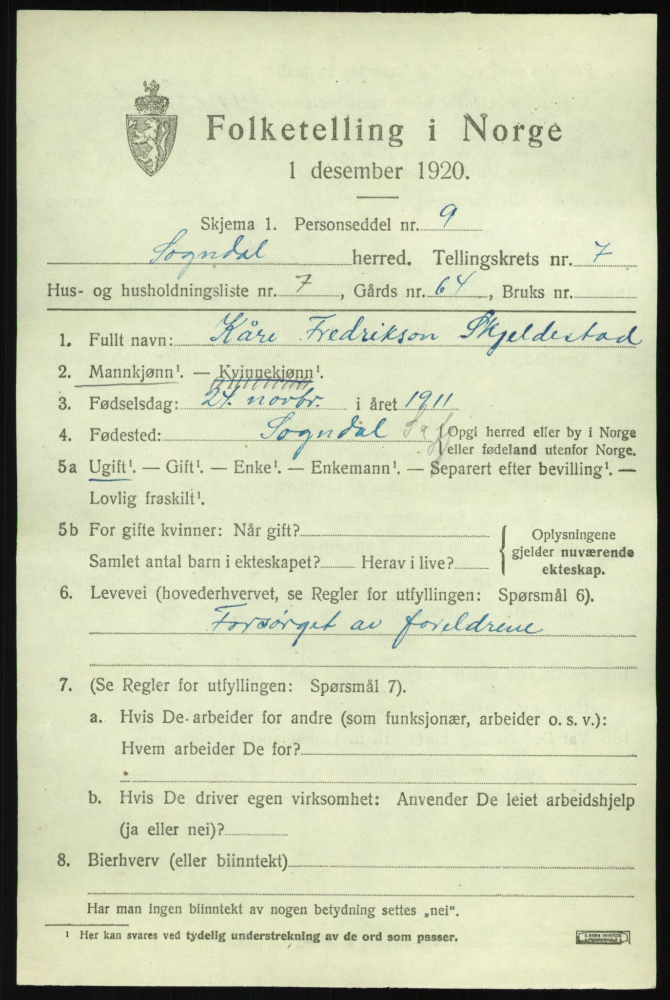 SAB, 1920 census for Sogndal, 1920, p. 3483