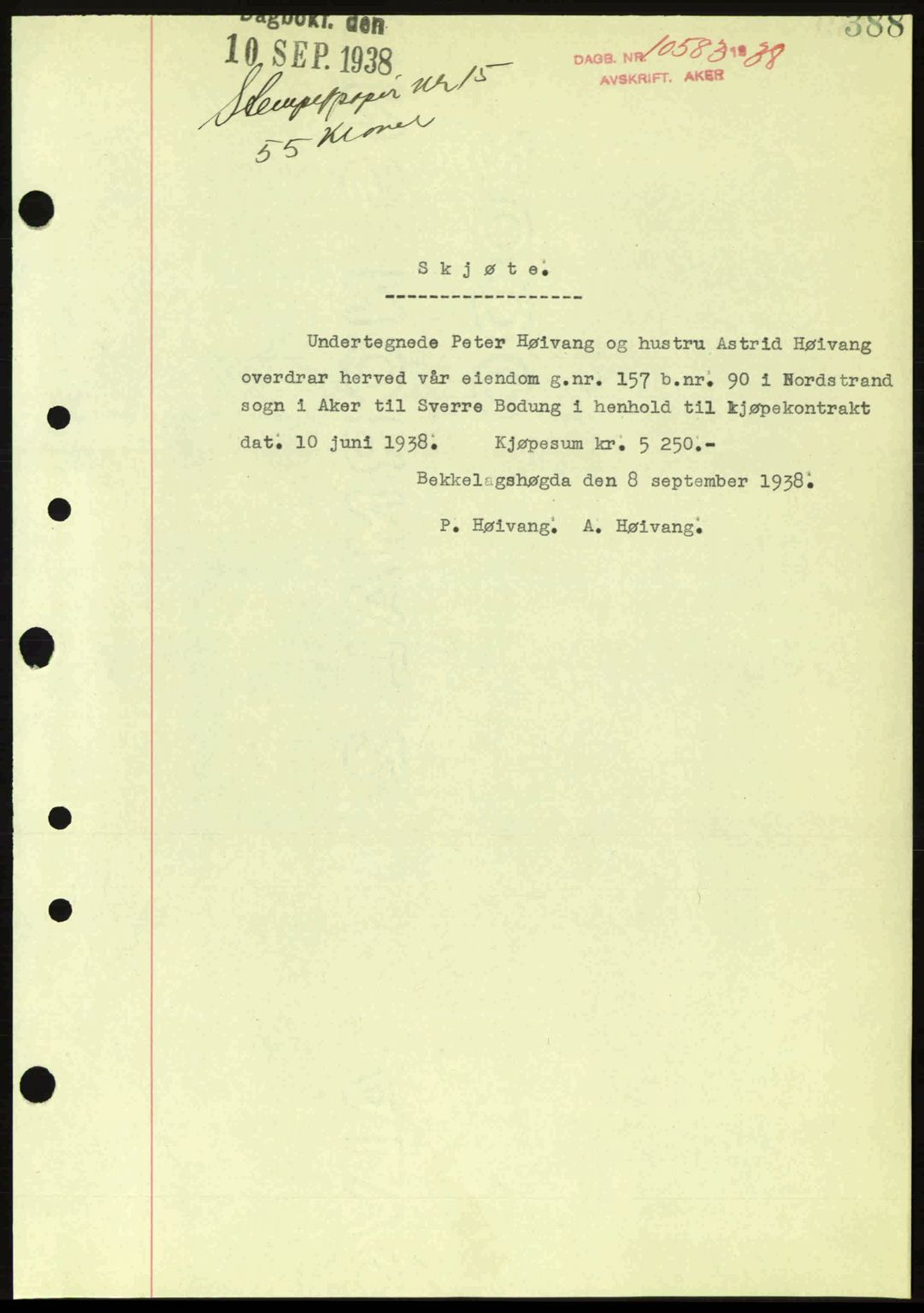 Aker herredsskriveri, SAO/A-10896/G/Gb/Gba/Gbab/L0025: Mortgage book no. A154-155, 1938-1938, Diary no: : 10583/1938