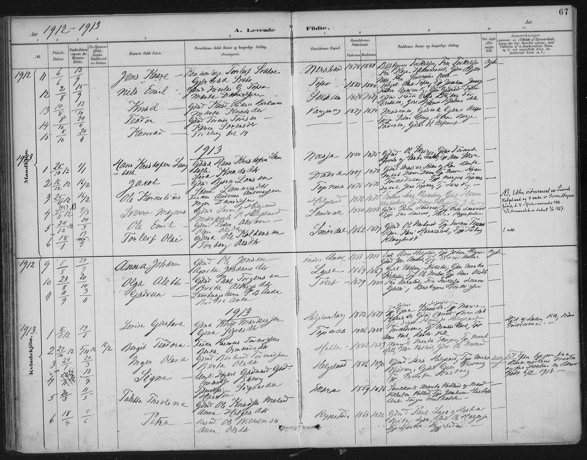 Nedstrand sokneprestkontor, SAST/A-101841/01/IV: Parish register (official) no. A 12, 1887-1915, p. 67