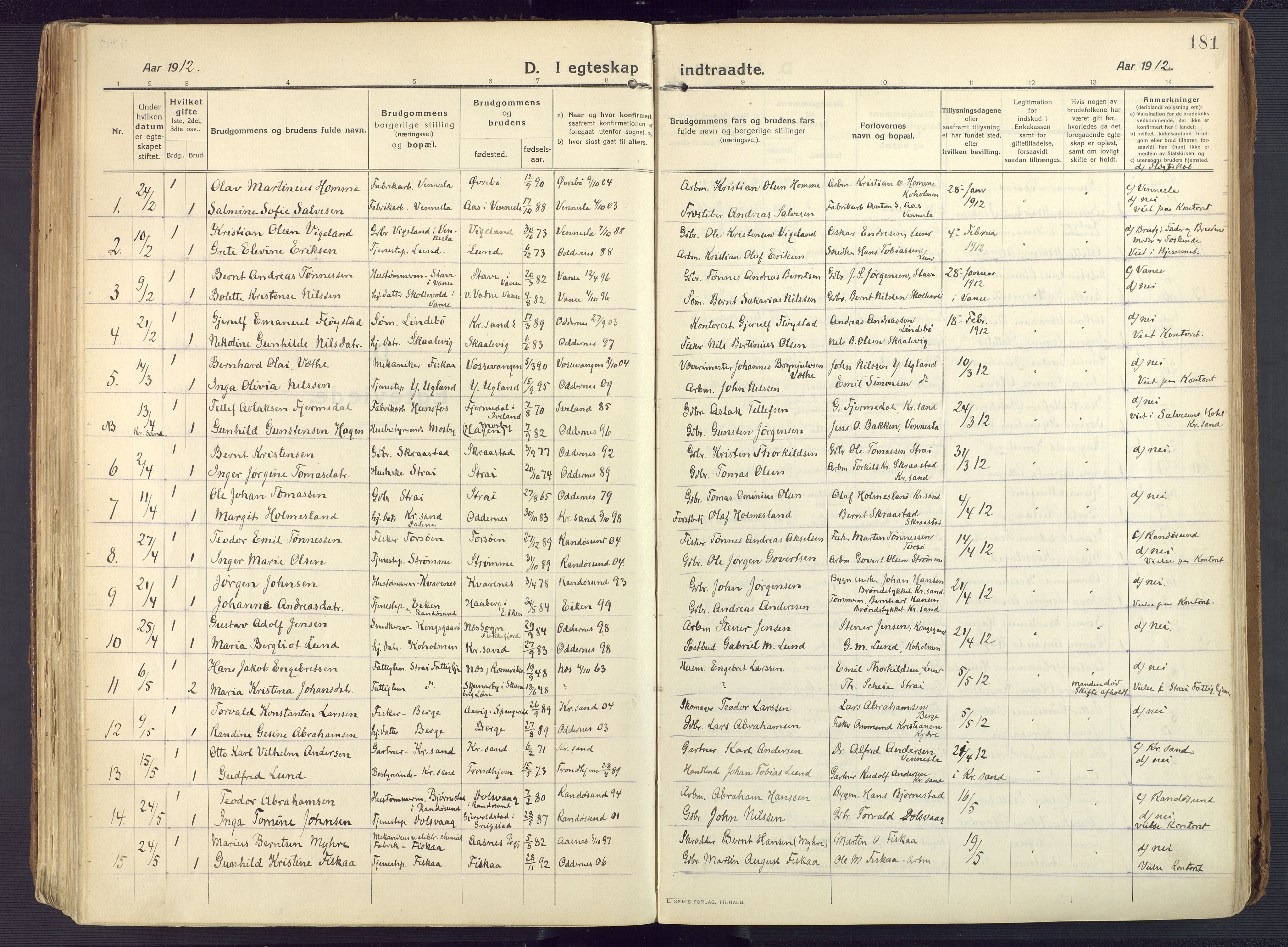 Oddernes sokneprestkontor, AV/SAK-1111-0033/F/Fa/Faa/L0012: Parish register (official) no. A 12, 1912-1925, p. 181