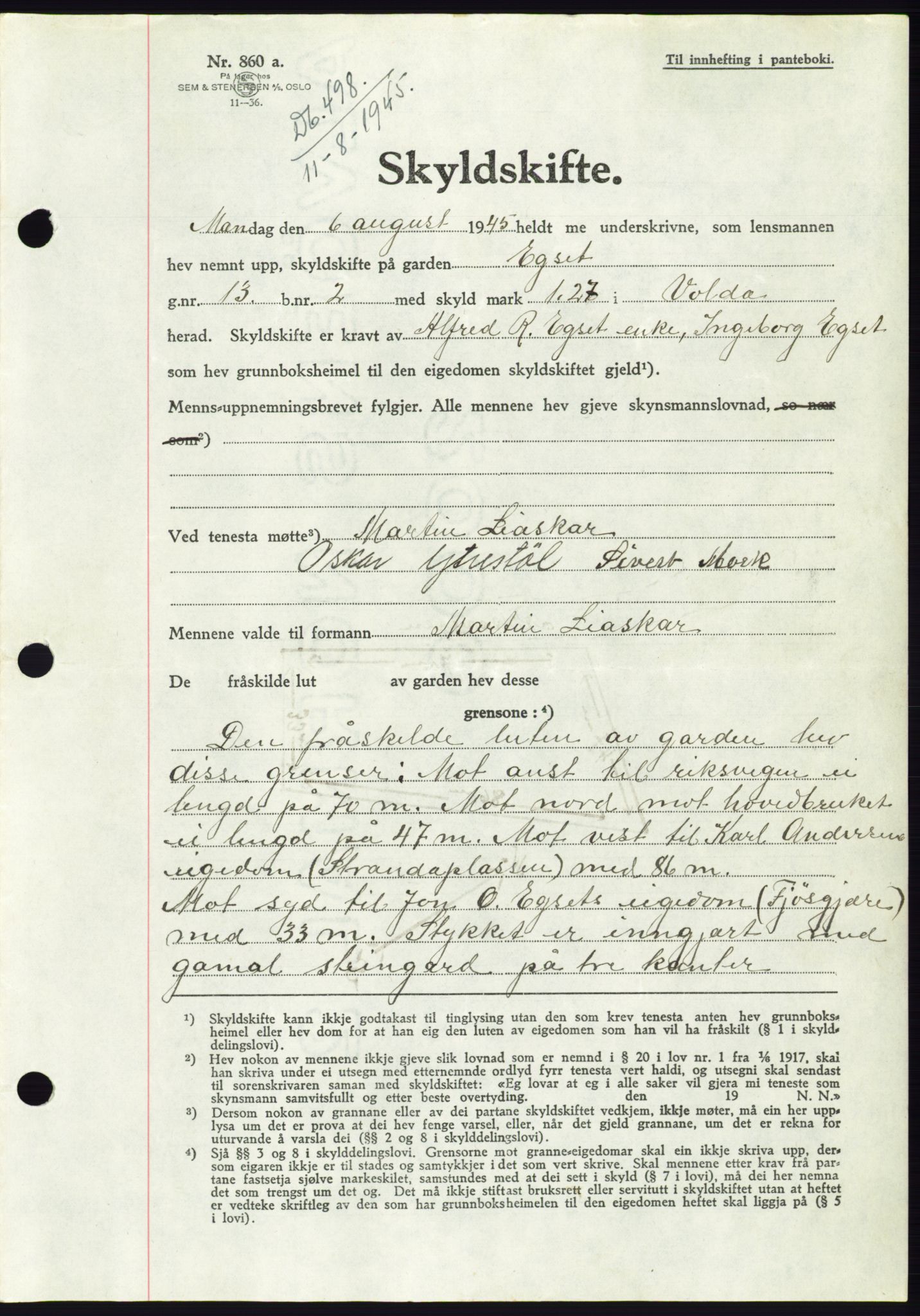 Søre Sunnmøre sorenskriveri, AV/SAT-A-4122/1/2/2C/L0077: Mortgage book no. 3A, 1945-1946, Diary no: : 498/1945