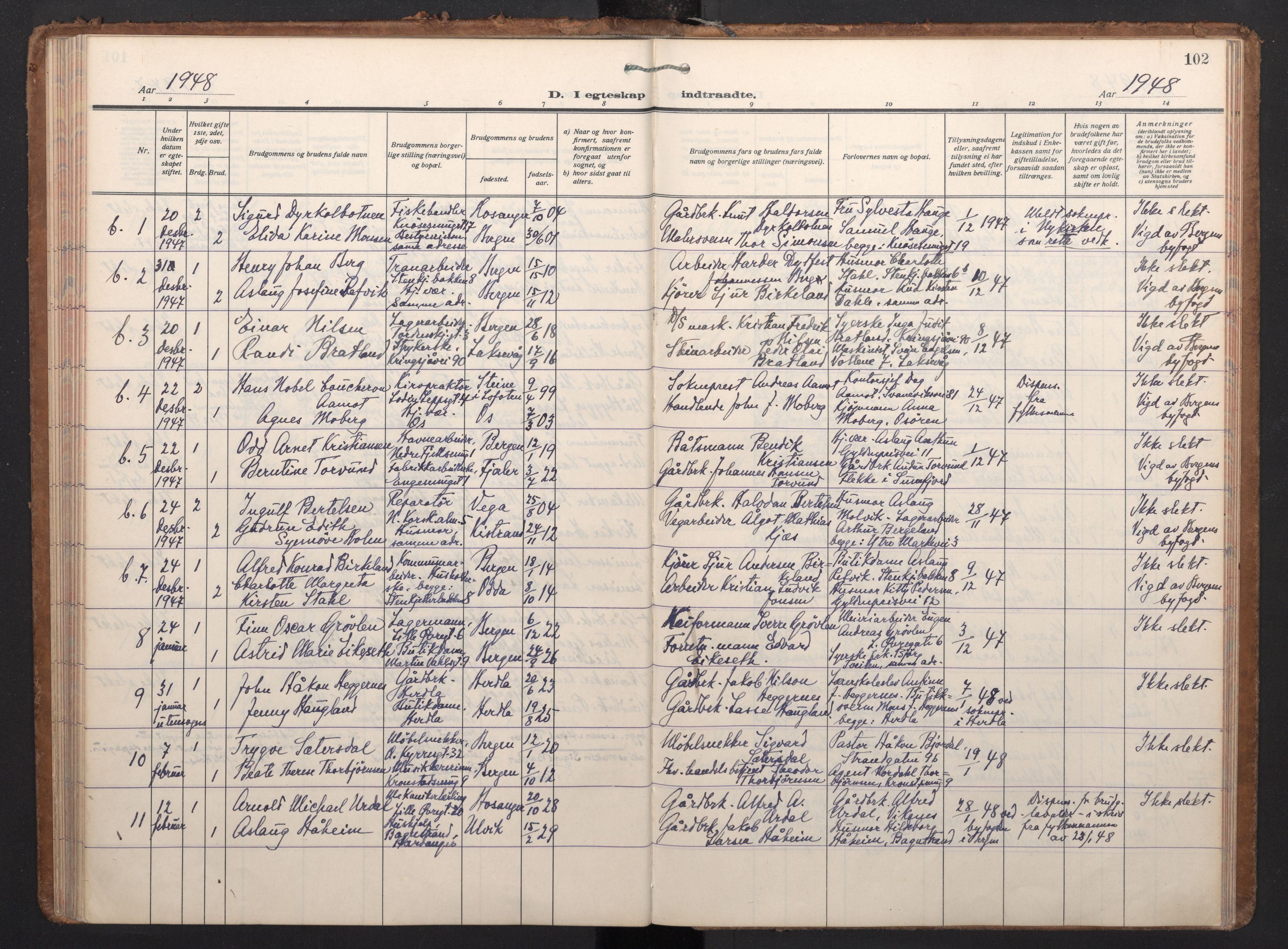 Korskirken sokneprestembete, AV/SAB-A-76101/H/Haa/L0040: Parish register (official) no. D 7, 1938-1952, p. 101b-102a