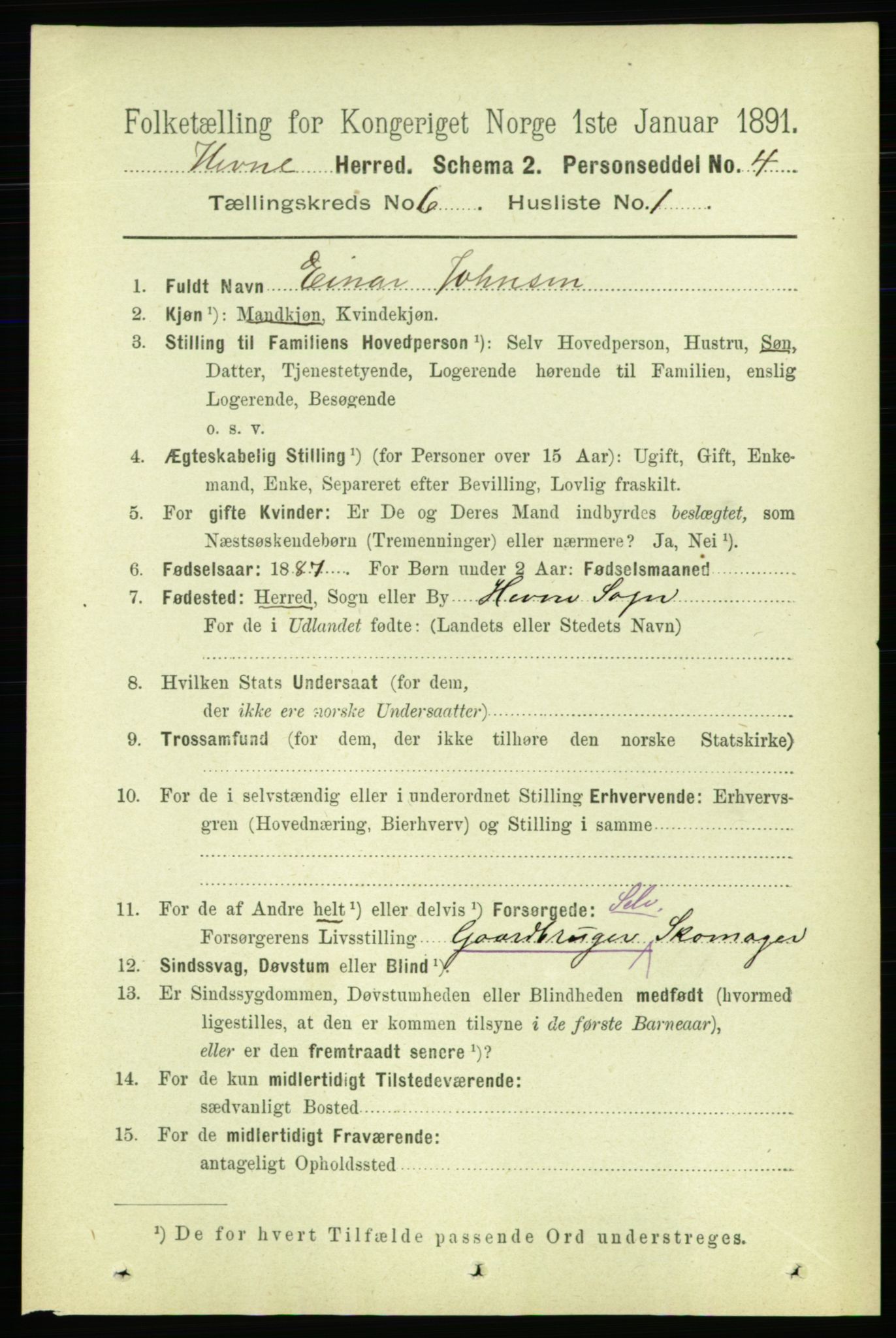 RA, 1891 census for 1612 Hemne, 1891, p. 3421