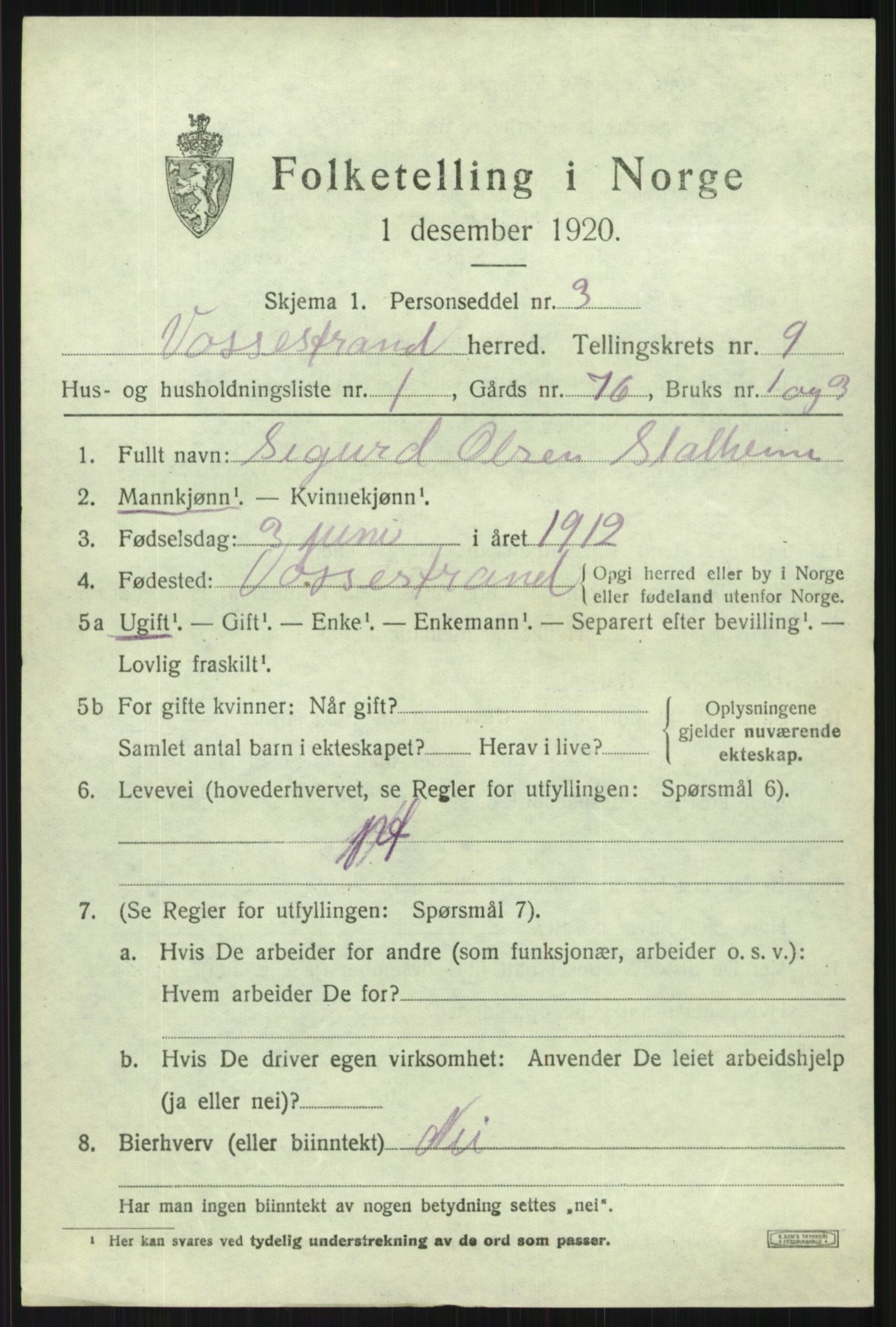 SAB, 1920 census for Vossestrand, 1920, p. 3904