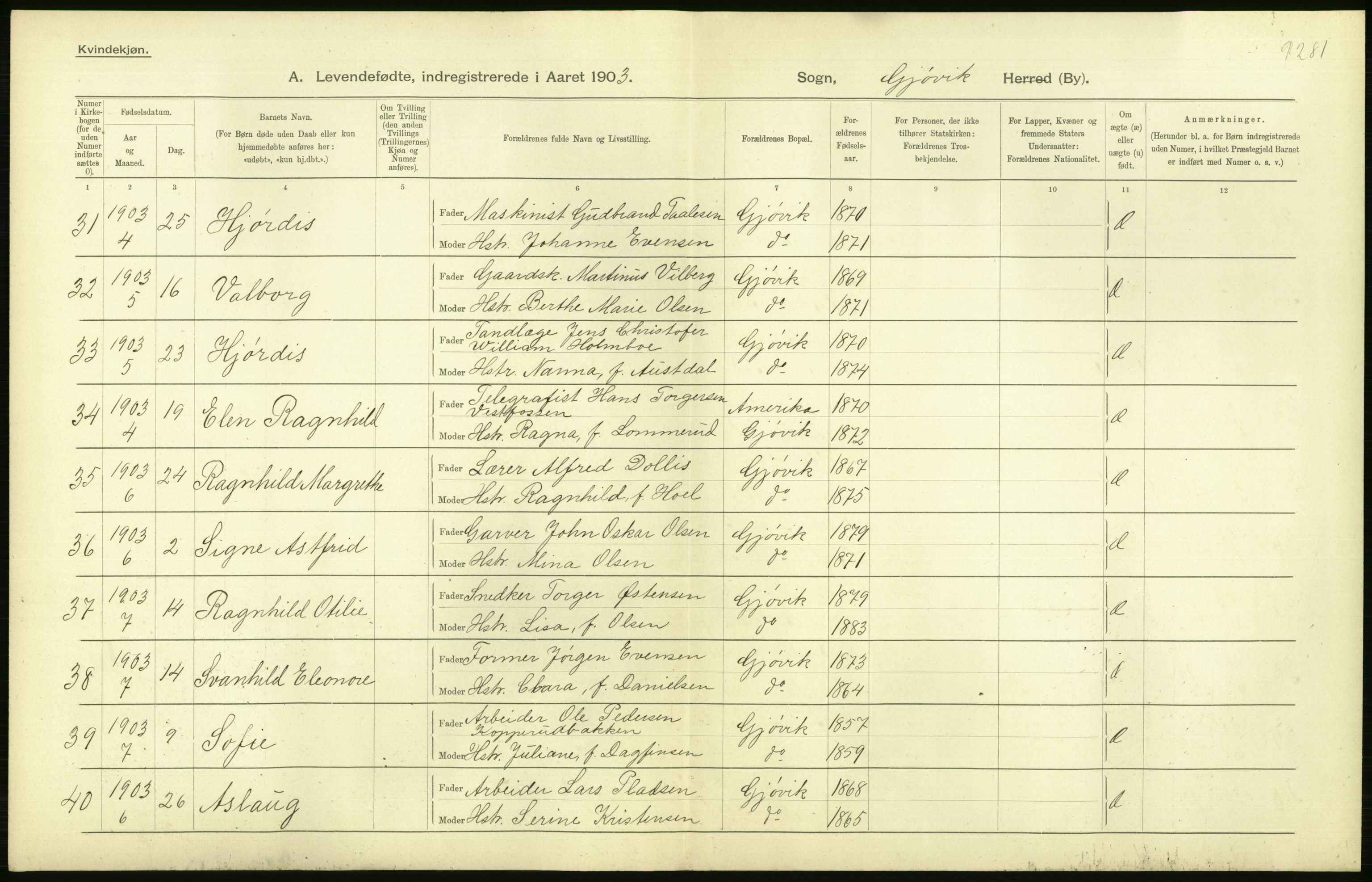 Statistisk sentralbyrå, Sosiodemografiske emner, Befolkning, AV/RA-S-2228/D/Df/Dfa/Dfaa/L0006: Kristians amt: Fødte, gifte, døde, 1903, p. 398