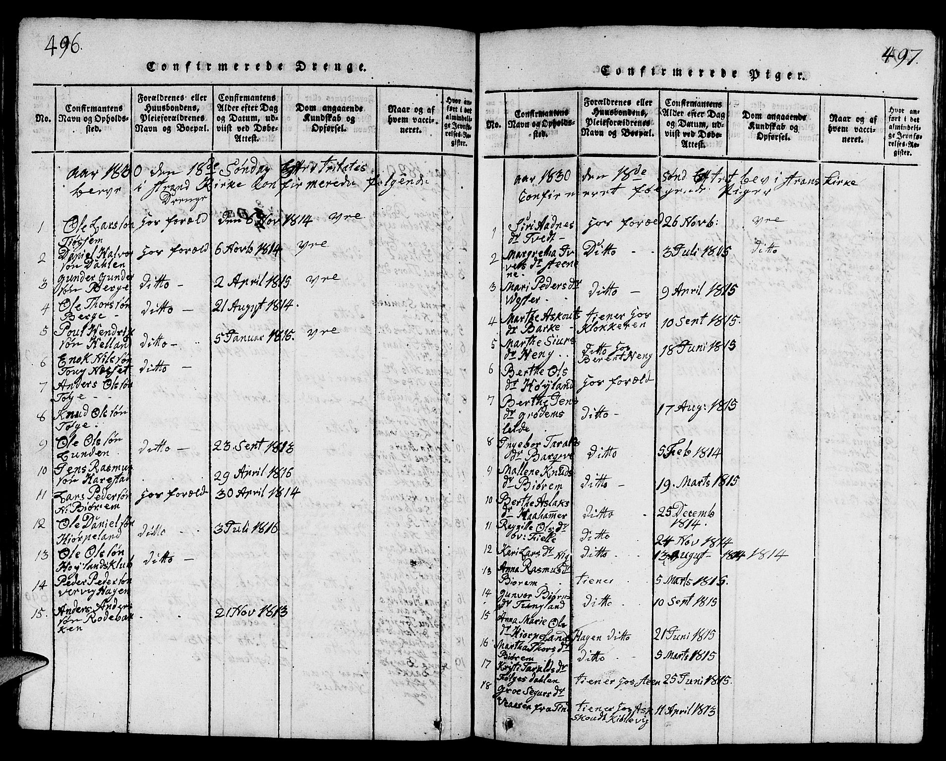 Strand sokneprestkontor, SAST/A-101828/H/Ha/Hab/L0001: Parish register (copy) no. B 1, 1816-1854, p. 496-497