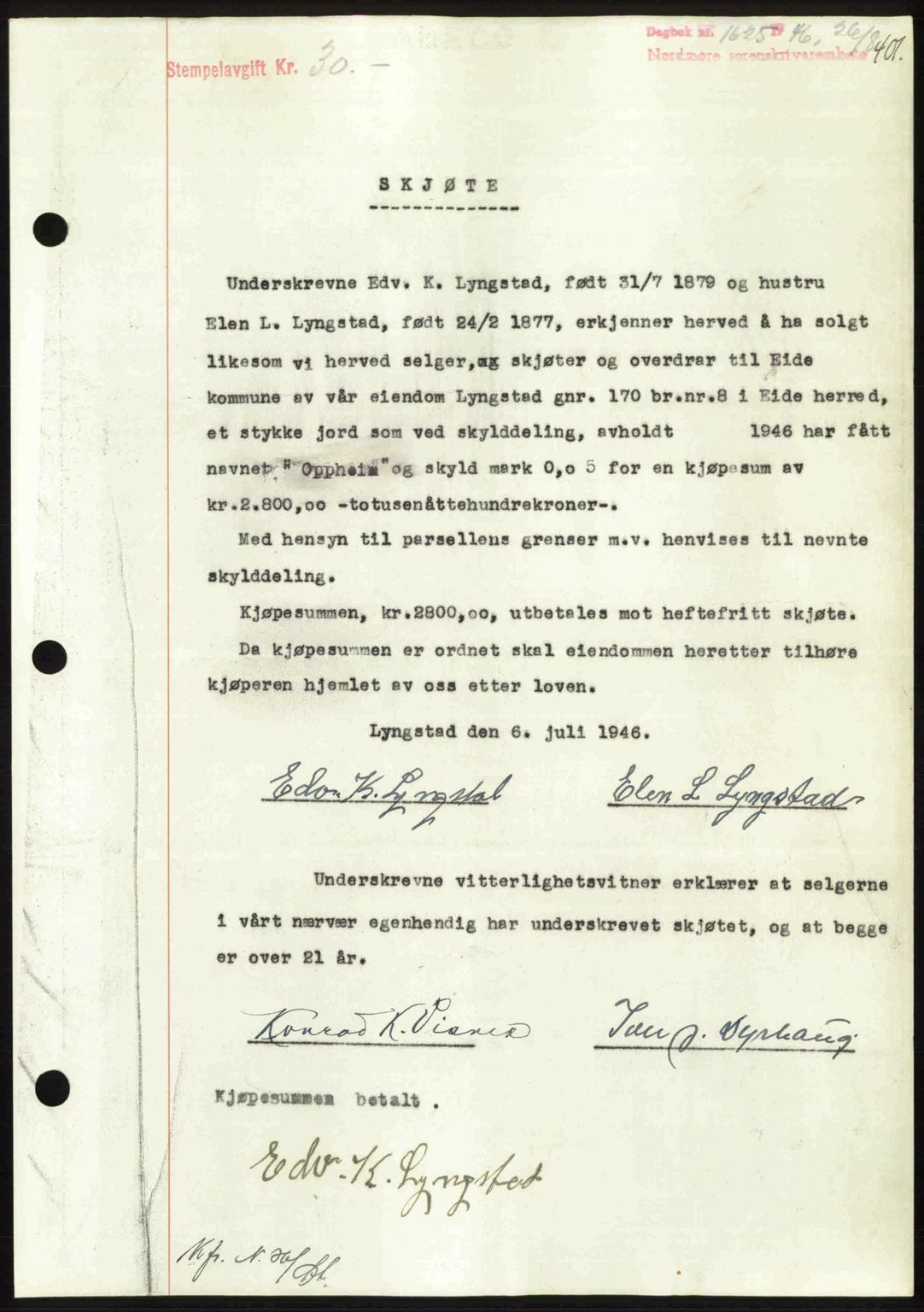 Nordmøre sorenskriveri, AV/SAT-A-4132/1/2/2Ca: Mortgage book no. A102, 1946-1946, Diary no: : 1625/1946