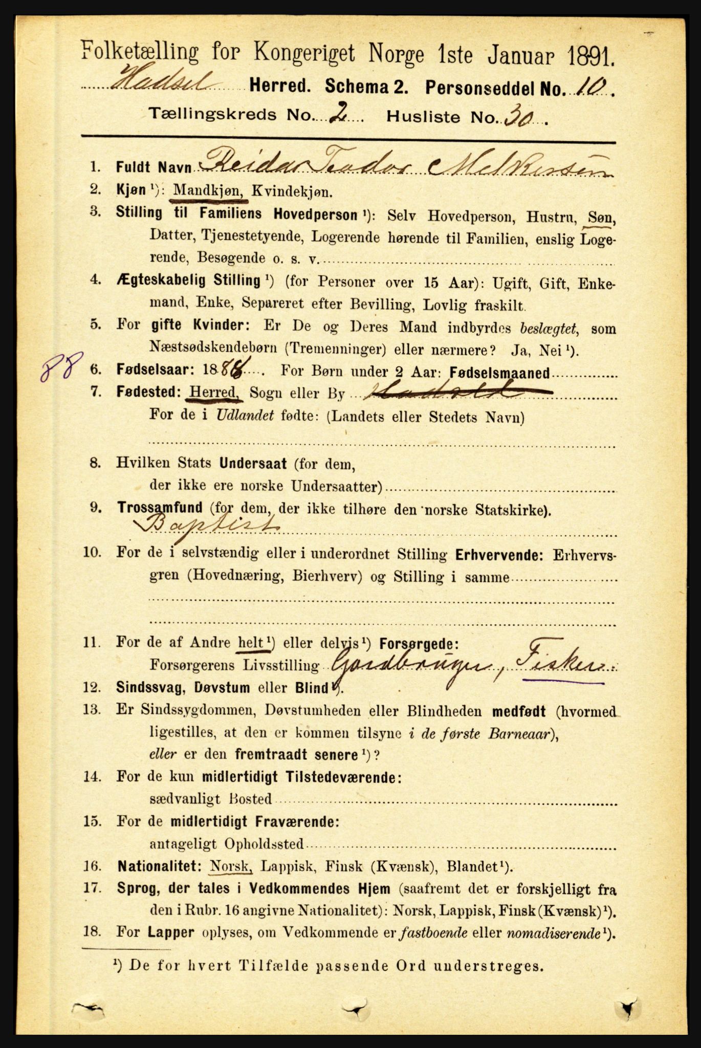 RA, 1891 census for 1866 Hadsel, 1891, p. 849