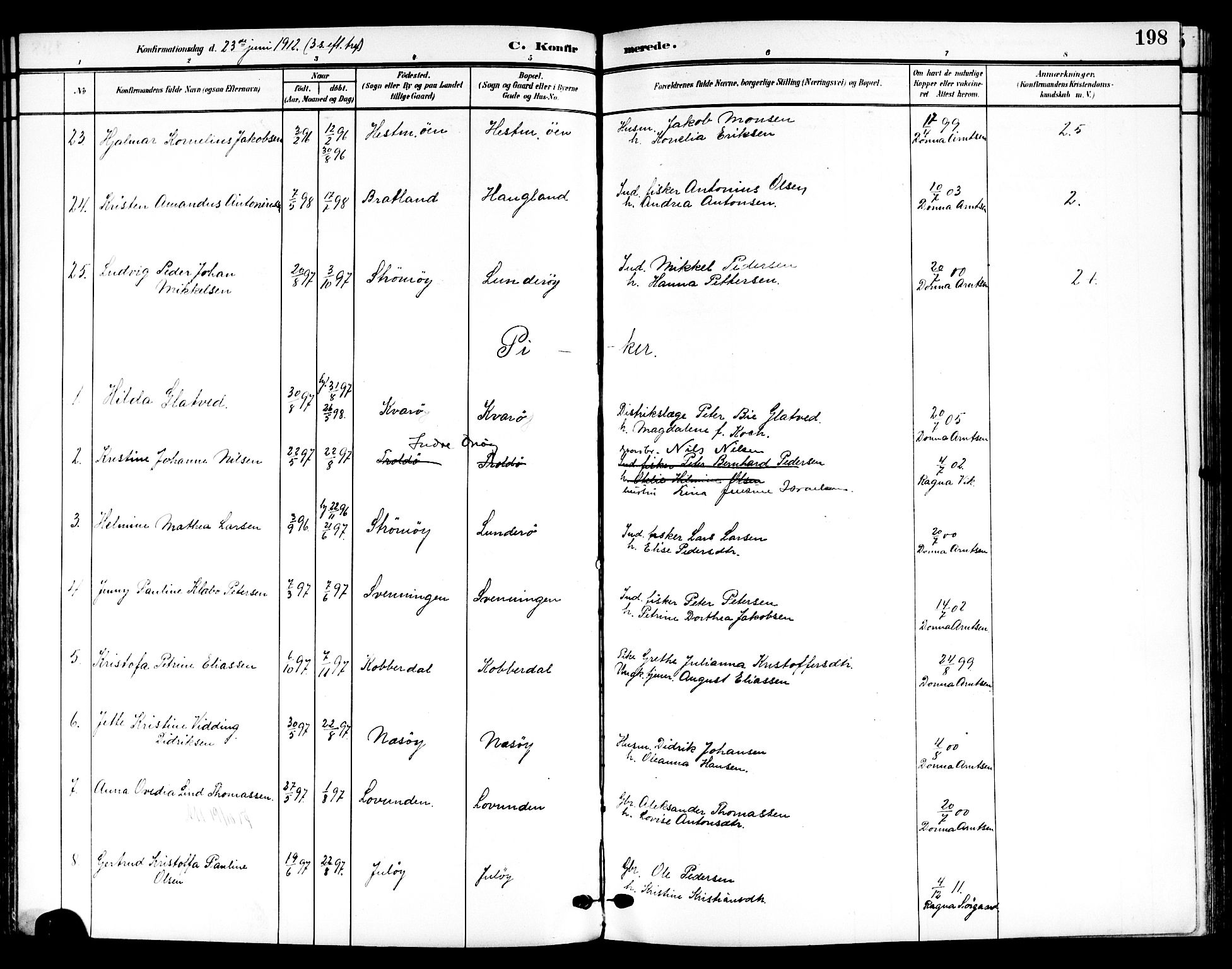 Ministerialprotokoller, klokkerbøker og fødselsregistre - Nordland, AV/SAT-A-1459/839/L0569: Parish register (official) no. 839A06, 1903-1922, p. 198