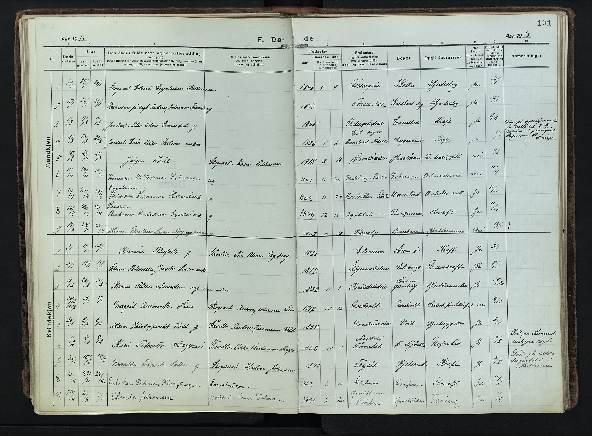 Løten prestekontor, AV/SAH-PREST-022/K/Ka/L0012: Parish register (official) no. 12, 1918-1926, p. 191