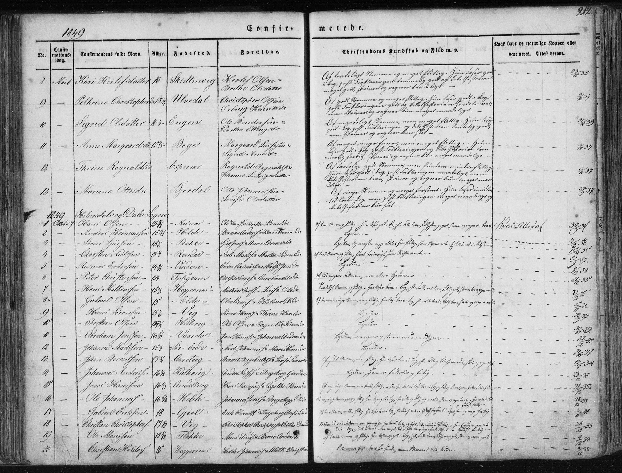 Fjaler sokneprestembete, SAB/A-79801/H/Haa/Haaa/L0006: Parish register (official) no. A 6, 1835-1884, p. 212