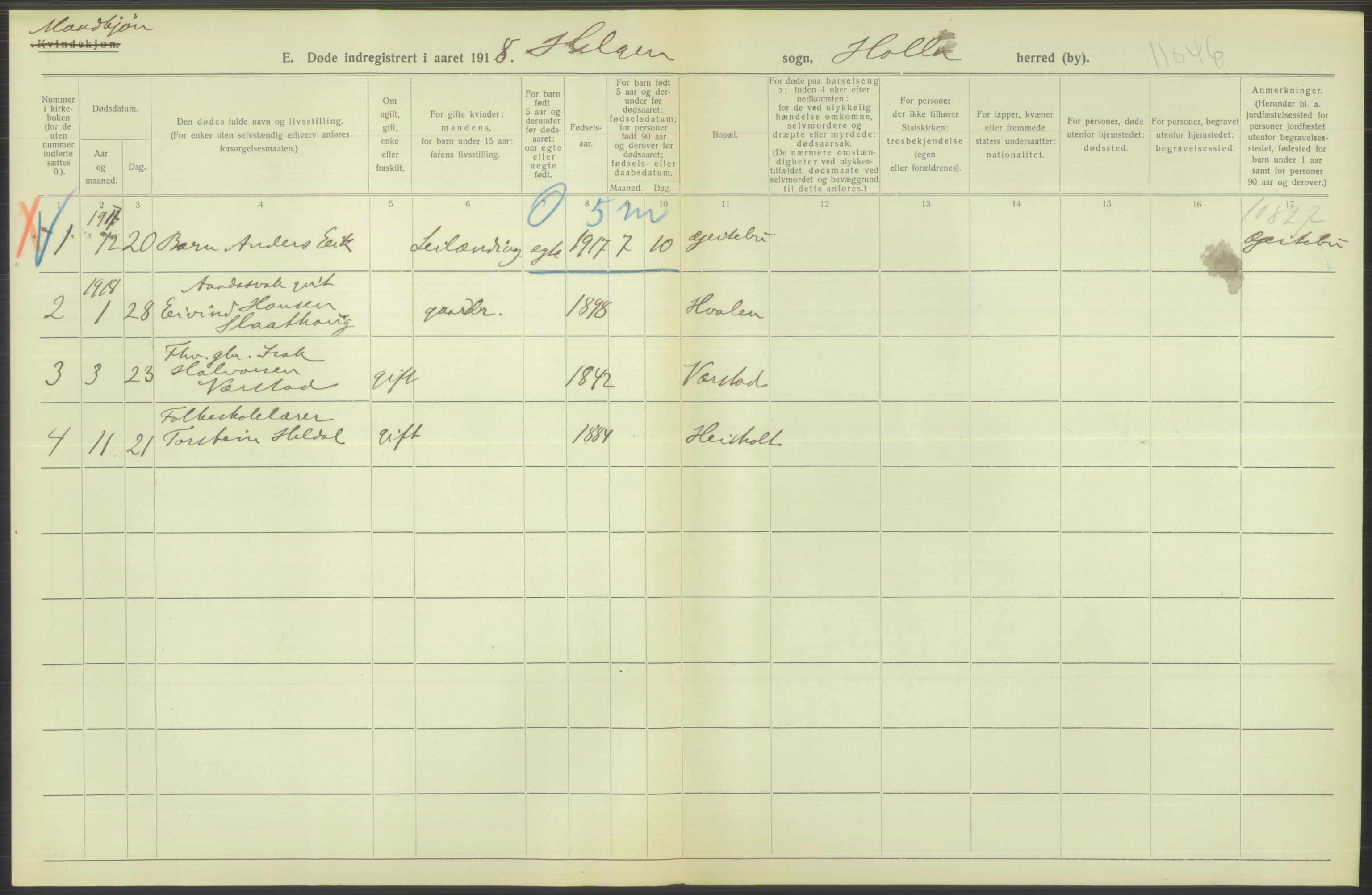 Statistisk sentralbyrå, Sosiodemografiske emner, Befolkning, RA/S-2228/D/Df/Dfb/Dfbh/L0026: Telemark fylke: Døde. Bygder og byer., 1918, p. 434