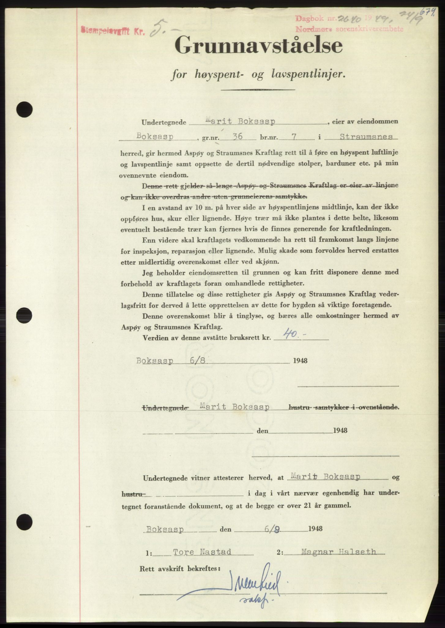 Nordmøre sorenskriveri, AV/SAT-A-4132/1/2/2Ca: Mortgage book no. B102, 1949-1949, Diary no: : 2640/1949