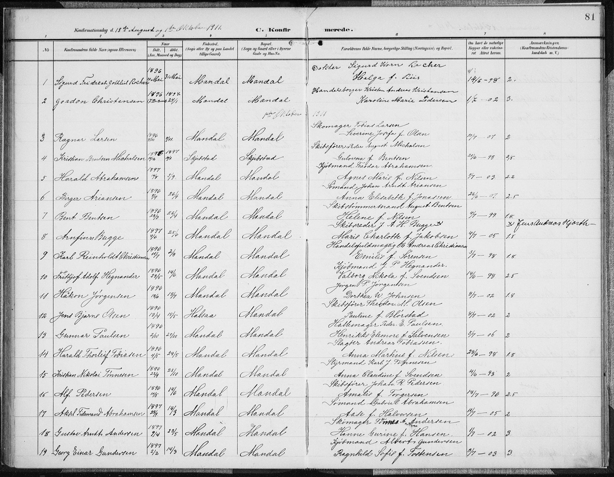 Mandal sokneprestkontor, AV/SAK-1111-0030/F/Fa/Faa/L0019: Parish register (official) no. A 19, 1902-1912, p. 81