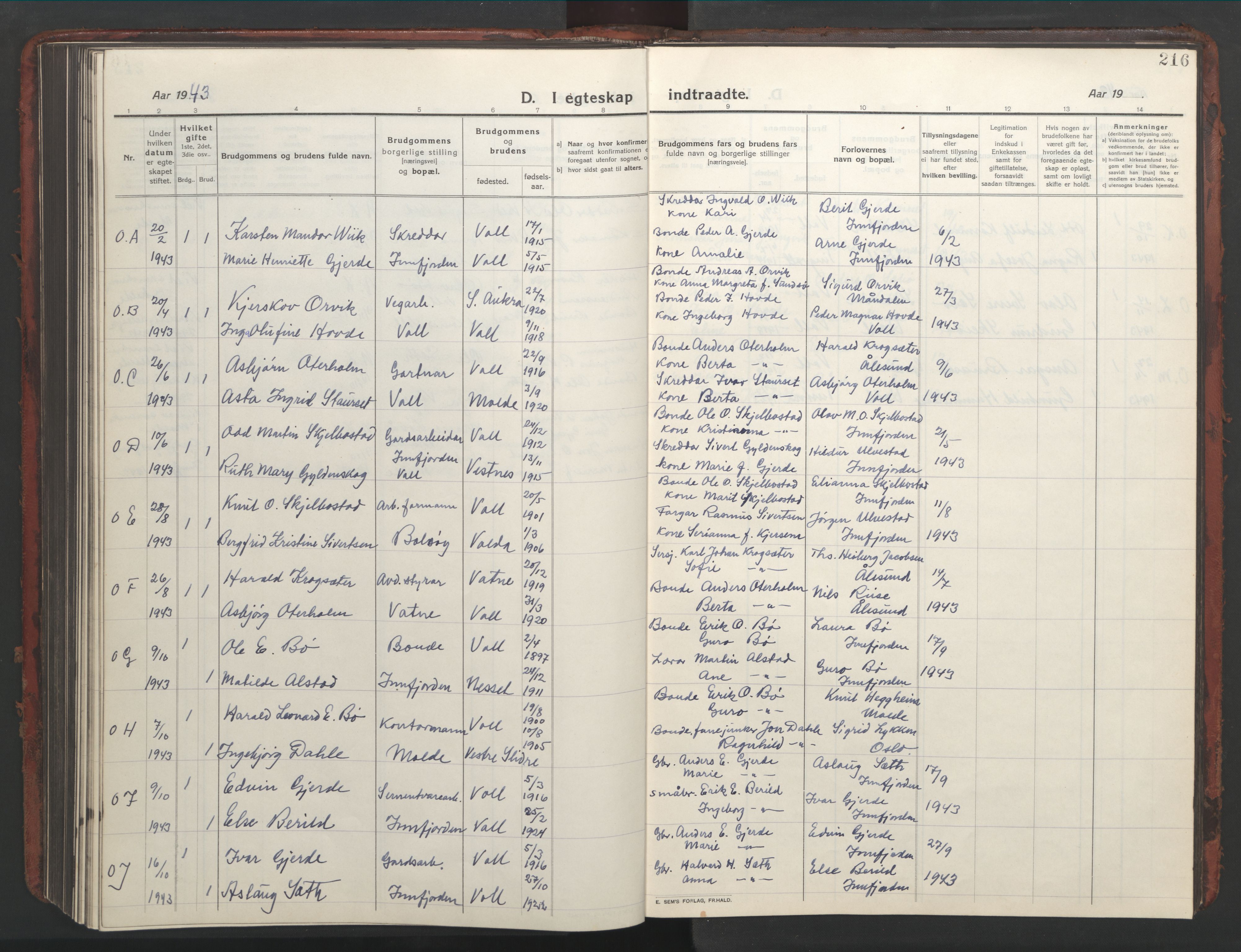 Ministerialprotokoller, klokkerbøker og fødselsregistre - Møre og Romsdal, AV/SAT-A-1454/543/L0565: Parish register (copy) no. 543C03, 1916-1955, p. 216