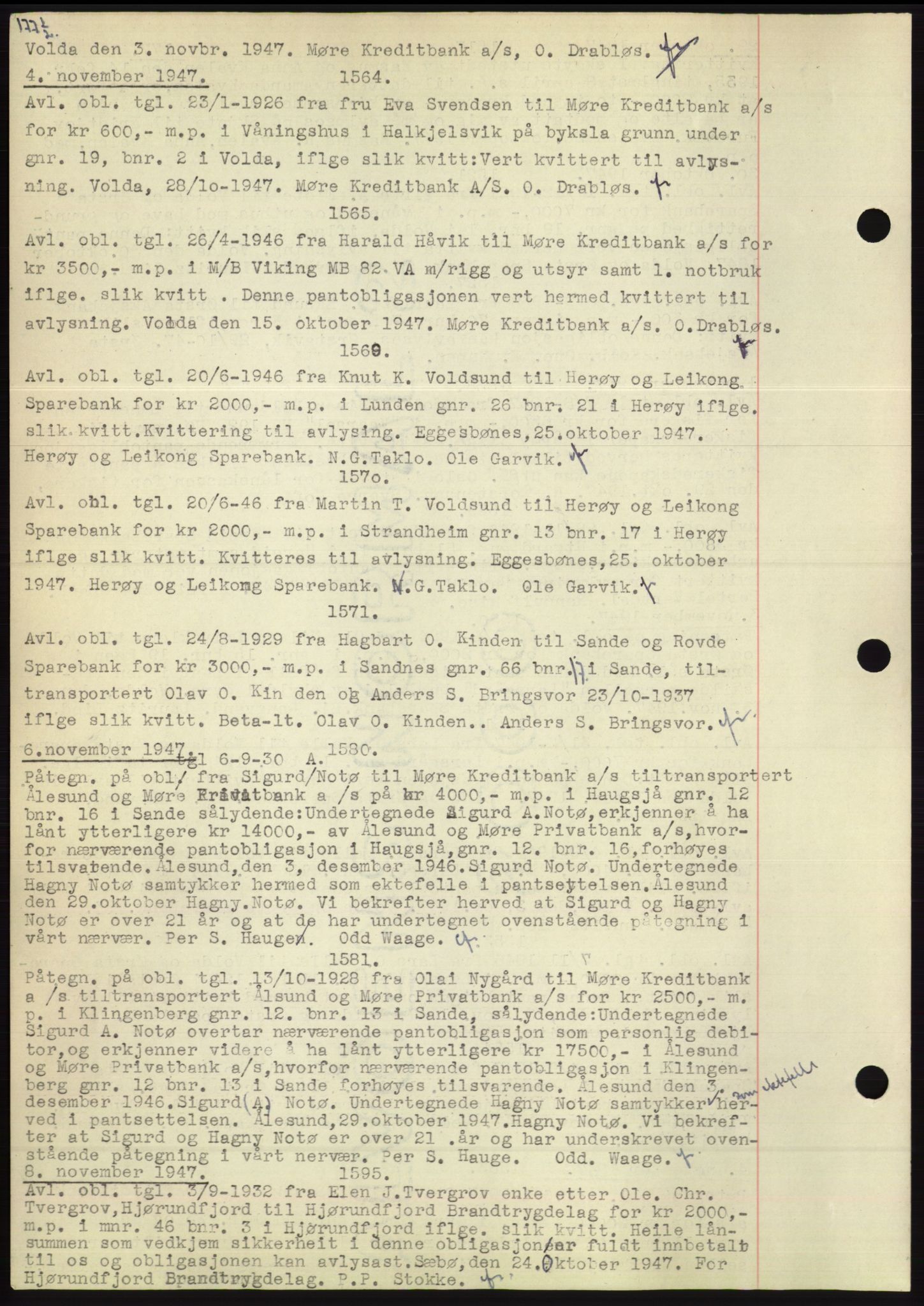 Søre Sunnmøre sorenskriveri, AV/SAT-A-4122/1/2/2C/L0072: Mortgage book no. 66, 1941-1955, Diary no: : 1564/1947