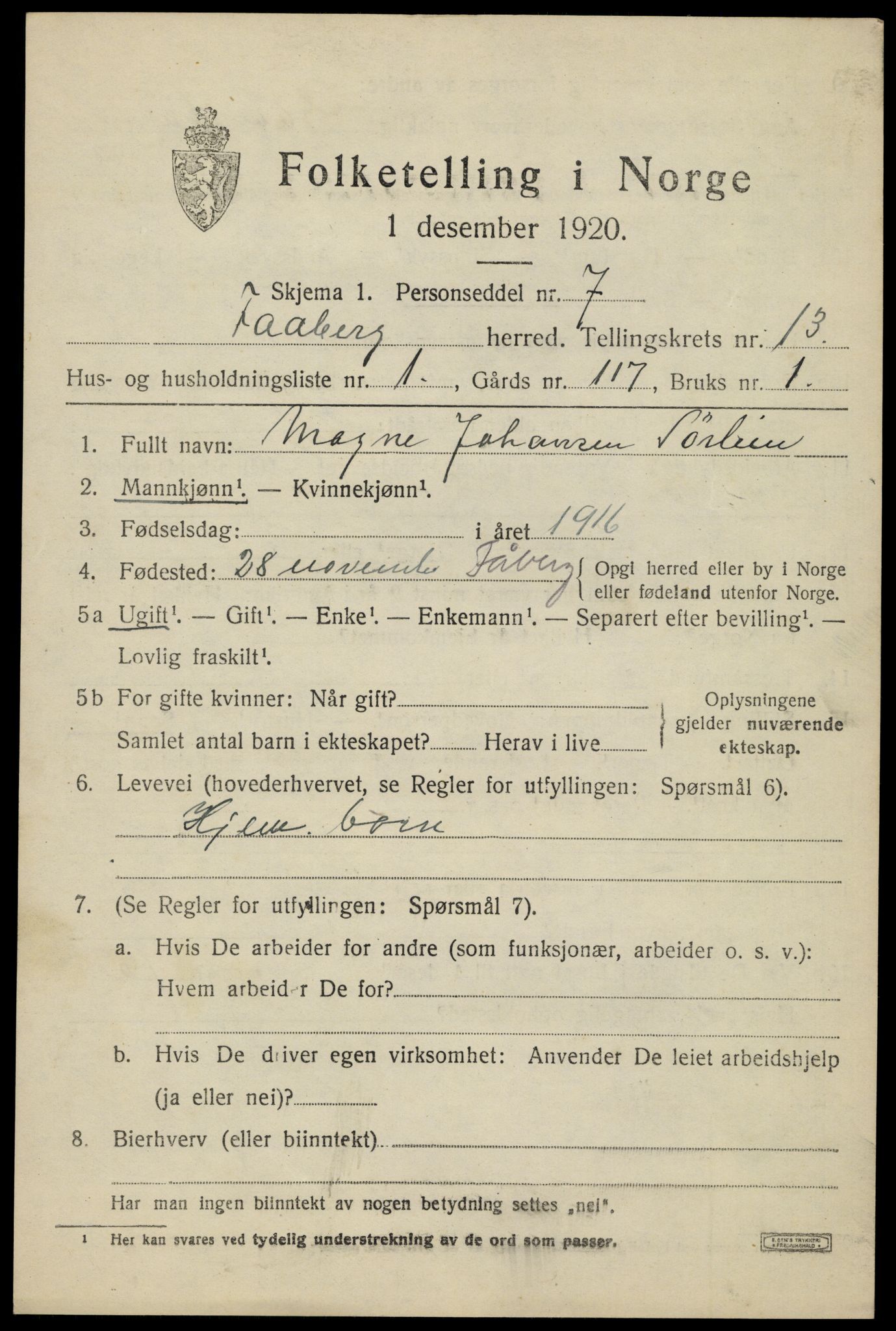SAH, 1920 census for Fåberg, 1920, p. 13882