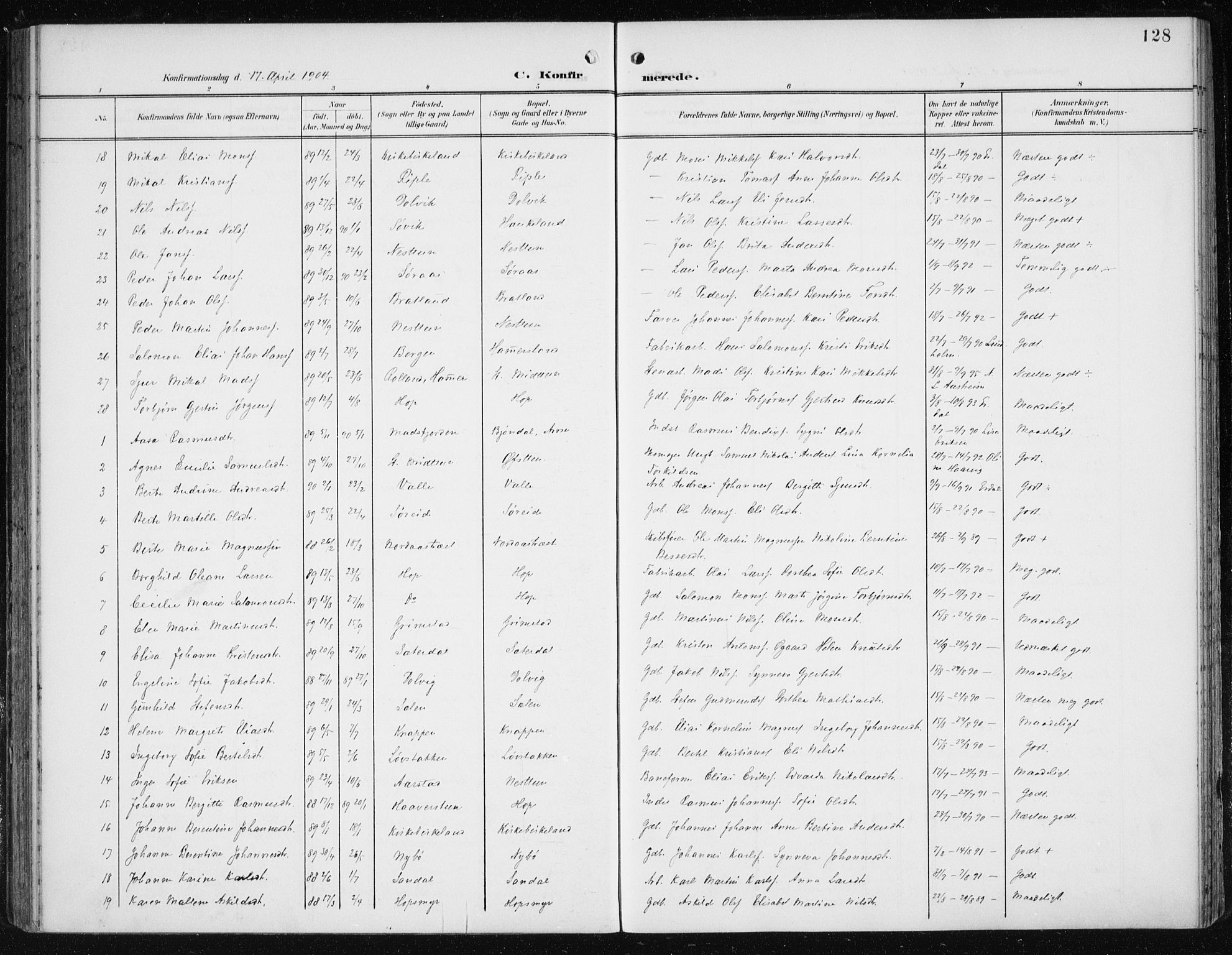 Fana Sokneprestembete, SAB/A-75101/H/Haa/Haai/L0003: Parish register (official) no. I 3, 1900-1912, p. 128